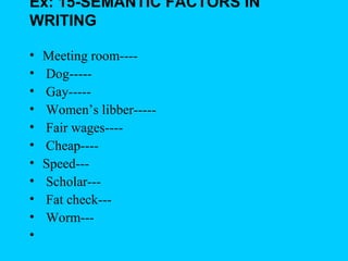 Ex: 15-SEMANTIC FACTORS IN
WRITING

•   Meeting room----
•   Dog-----
•   Gay-----
•   Women’s libber-----
•   Fair wages----
•   Cheap----
•   Speed---
•   Scholar---
•   Fat check---
•   Worm---
•
 
