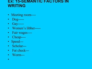 Ex: 15-SEMANTIC FACTORS IN WRITING     Meeting room----   Dog-----   Gay-----   Women’s libber-----   Fair wages----   Cheap---- Speed---   Scholar---   Fat check---   Worm---   