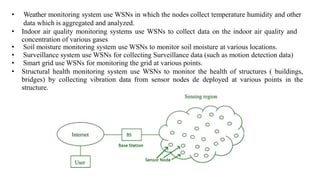 • Weather monitoring system use WSNs in which the nodes collect temperature humidity and other
data which is aggregated and analyzed.
• Indoor air quality monitoring systems use WSNs to collect data on the indoor air quality and
concentration of various gases
• Soil moisture monitoring system use WSNs to monitor soil moisture at various locations.
• Surveillance system use WSNs for collecting Surveillance data (such as motion detection data)
• Smart grid use WSNs for monitoring the grid at various points.
• Structural health monitoring system use WSNs to monitor the health of structures ( buildings,
bridges) by collecting vibration data from sensor nodes de deployed at various points in the
structure.
 