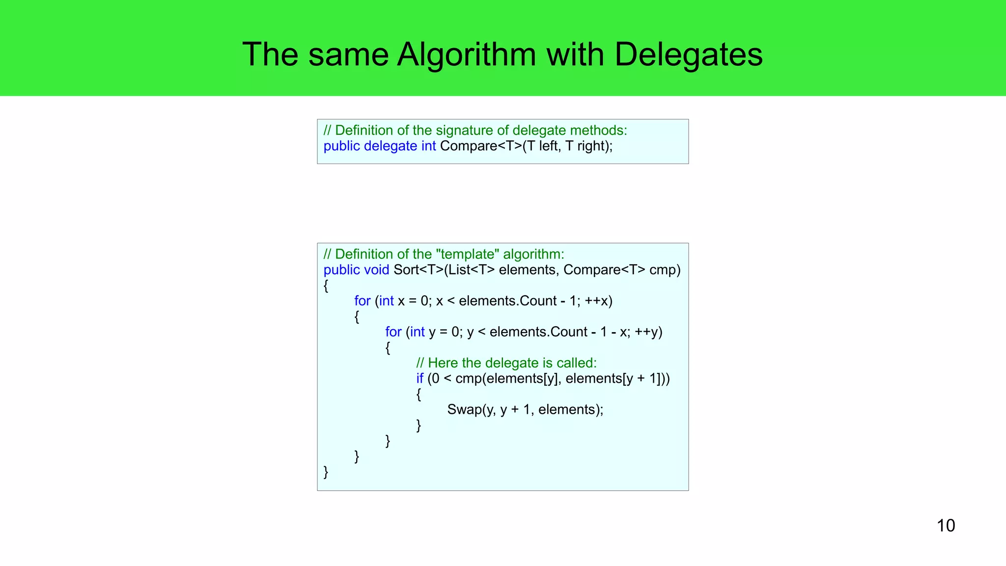 10 
The same Algorithm with Delegates 
// Definition of the signature of delegate methods: 
public delegate int Compare<T>(T left, T right); 
// Definition of the "template" algorithm: 
public void Sort<T>(List<T> elements, Compare<T> cmp) 
{ 
for (int x = 0; x < elements.Count - 1; ++x) 
{ 
for (int y = 0; y < elements.Count - 1 - x; ++y) 
{ 
// Here the delegate is called: 
if (0 < cmp(elements[y], elements[y + 1])) 
{ 
Swap(y, y + 1, elements); 
} 
} 
} 
} 
 