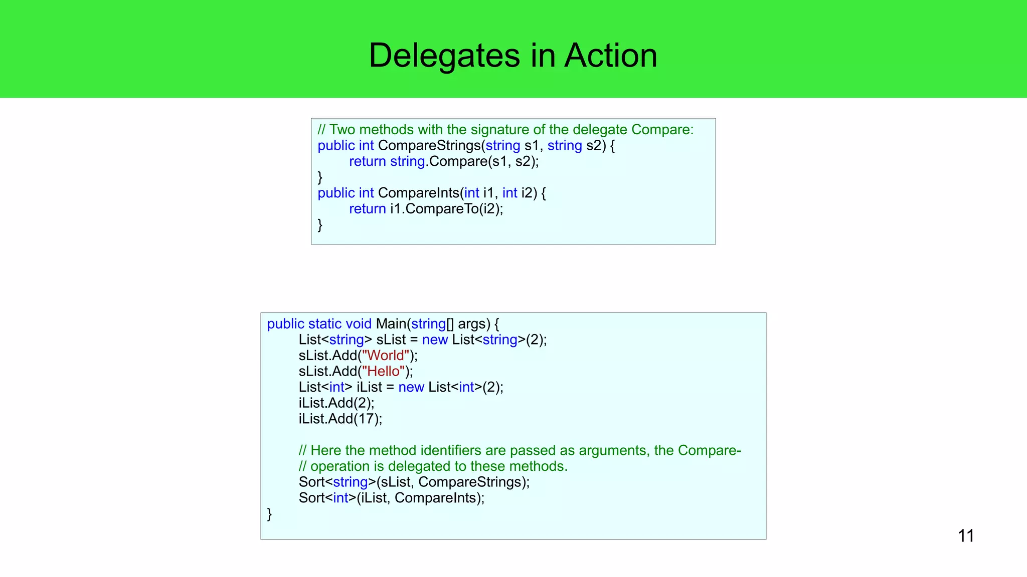 11 
Delegates in Action 
public static void Main(string[] args) { 
List<string> sList = new List<string>(2); 
sList.Add("World"); 
sList.Add("Hello"); 
List<int> iList = new List<int>(2); 
iList.Add(2); 
iList.Add(17); 
// Here the method identifiers are passed as arguments, the Compare- 
// operation is delegated to these methods. 
Sort<string>(sList, CompareStrings); 
Sort<int>(iList, CompareInts); 
} 
// Two methods with the signature of the delegate Compare: 
public int CompareStrings(string s1, string s2) { 
return string.Compare(s1, s2); 
} 
public int CompareInts(int i1, int i2) { 
return i1.CompareTo(i2); 
} 
 