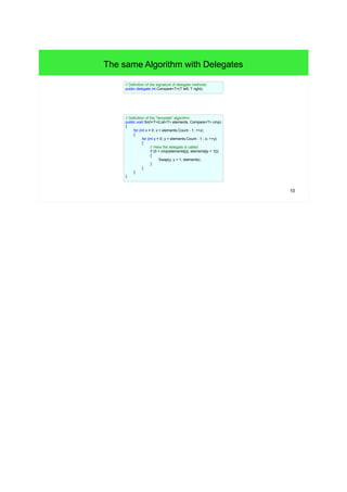 10 
The same Algorithm with Delegates 
// Definition of the signature of delegate methods: 
public delegate int Compare<T>(T left, T right); 
// Definition of the "template" algorithm: 
public void Sort<T>(List<T> elements, Compare<T> cmp) 
{ 
for (int x = 0; x < elements.Count - 1; ++x) 
{ 
for (int y = 0; y < elements.Count - 1 - x; ++y) 
{ 
// Here the delegate is called: 
if (0 < cmp(elements[y], elements[y + 1])) 
{ 
Swap(y, y + 1, elements); 
} 
} 
} 
} 
 