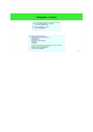 11 
Delegates in Action 
public static void Main(string[] args) { 
List<string> sList = new List<string>(2); 
sList.Add("World"); 
sList.Add("Hello"); 
List<int> iList = new List<int>(2); 
iList.Add(2); 
iList.Add(17); 
// Here the method identifiers are passed as arguments, the Compare- 
// operation is delegated to these methods. 
Sort<string>(sList, CompareStrings); 
Sort<int>(iList, CompareInts); 
} 
// Two methods with the signature of the delegate Compare: 
public int CompareStrings(string s1, string s2) { 
return string.Compare(s1, s2); 
} 
public int CompareInts(int i1, int i2) { 
return i1.CompareTo(i2); 
} 
 