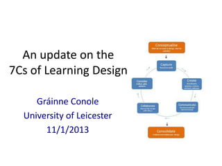 An update on the
7Cs of Learning Design

     Gráinne Conole
  University of Leicester
       11/1/2013
 
