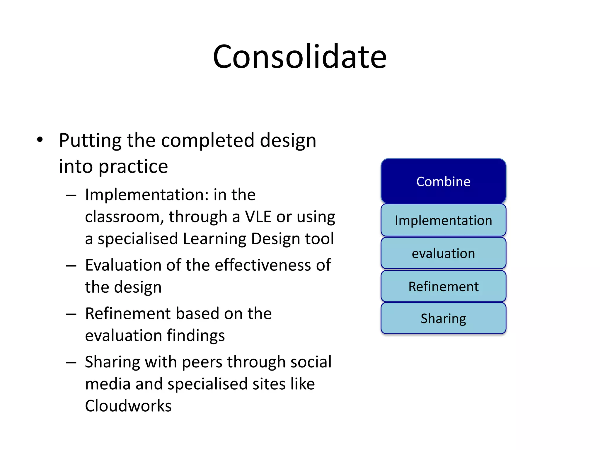 Consolidate

• Putting the completed design
  into practice
                                             Combine
   – Implementation: in the
     classroom, through a VLE or using    Implementation
     a specialised Learning Design tool
                                            evaluation
   – Evaluation of the effectiveness of
     the design                            Refinement
   – Refinement based on the                 Sharing
     evaluation findings
   – Sharing with peers through social
     media and specialised sites like
     Cloudworks
 