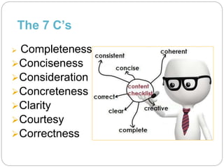 The 7 C’s
 Completeness
Conciseness
Consideration
Concreteness
Clarity
Courtesy
Correctness
 
