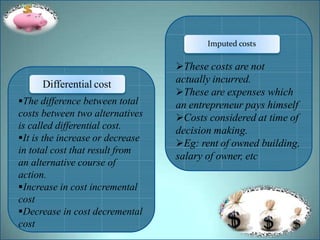 The difference between total
costs between two alternatives
is called differential cost.
It is the increase or decrease
in total cost that result from
an alternative course of
action.
Increase in cost incremental
cost
Decrease in cost decremental
cost
These costs are not
actually incurred.
These are expenses which
an entrepreneur pays himself
Costs considered at time of
decision making.
Eg: rent of owned building,
salary of owner, etc
Differential cost
Imputed costs
 
