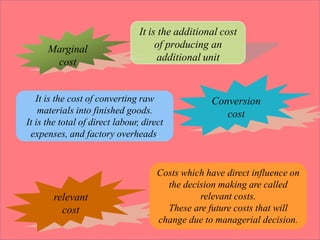 It is the additional cost
of producing an
additional unit
Marginal
cost
Conversion
cost
It is the cost of converting raw
materials into finished goods.
It is the total of direct labour, direct
expenses, and factory overheads.
relevant
cost
Costs which have direct influence on
the decision making are called
relevant costs.
These are future costs that will
change due to managerial decision.
 