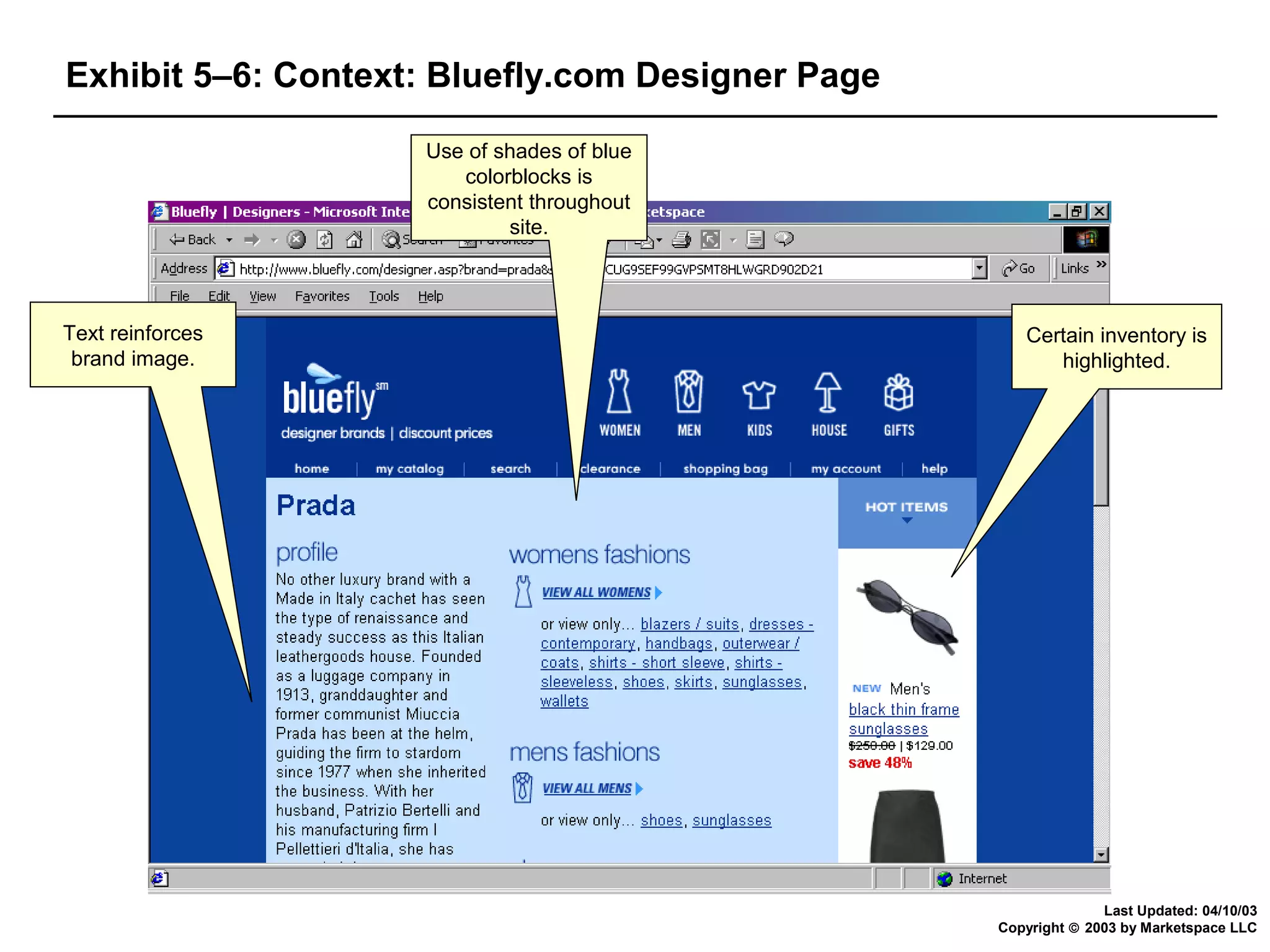 Exhibit 5–6: Context: Bluefly.com Designer Page
Use of shades of blue
colorblocks is
consistent throughout
site.

Text reinforces
brand image.

Certain inventory is
highlighted.

Last Updated: 04/10/03
Copyright © 2003 by Marketspace LLC

 