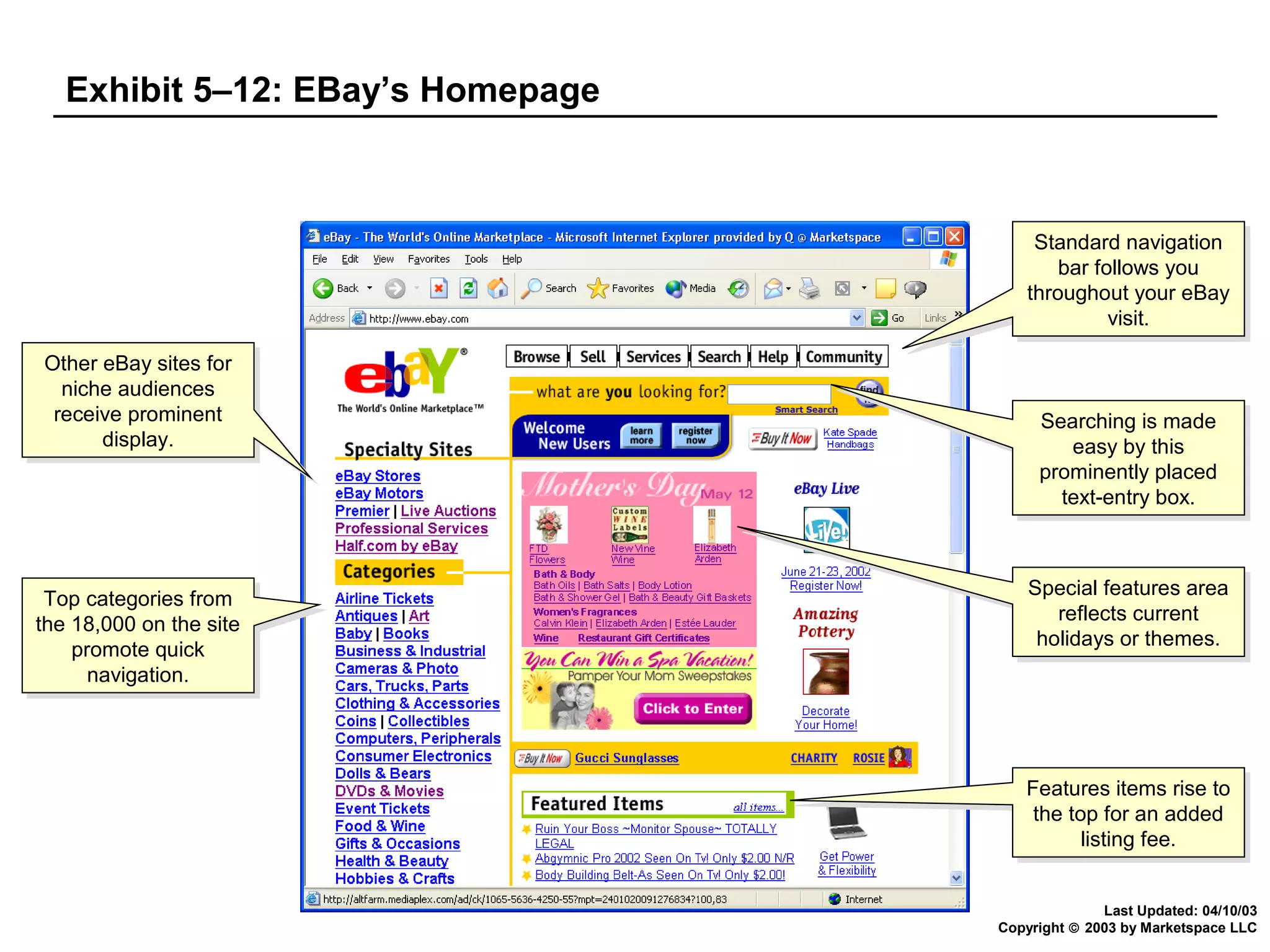 Exhibit 5–12: EBay’s Homepage

Standard navigation
Standard navigation
bar follows you
bar follows you
throughout your eBay
throughout your eBay
visit.
visit.
Other eBay sites for
Other eBay sites for
niche audiences
niche audiences
receive prominent
receive prominent
display.
display.

Top categories from
Top categories from
the 18,000 on the site
the 18,000 on the site
promote quick
promote quick
navigation.
navigation.

Searching is made
Searching is made
easy by this
easy by this
prominently placed
prominently placed
text-entry box.
text-entry box.

Special features area
Special features area
reflects current
reflects current
holidays or themes.
holidays or themes.

Features items rise to
Features items rise to
the top for an added
the top for an added
listing fee.
listing fee.
Last Updated: 04/10/03
Copyright © 2003 by Marketspace LLC

 