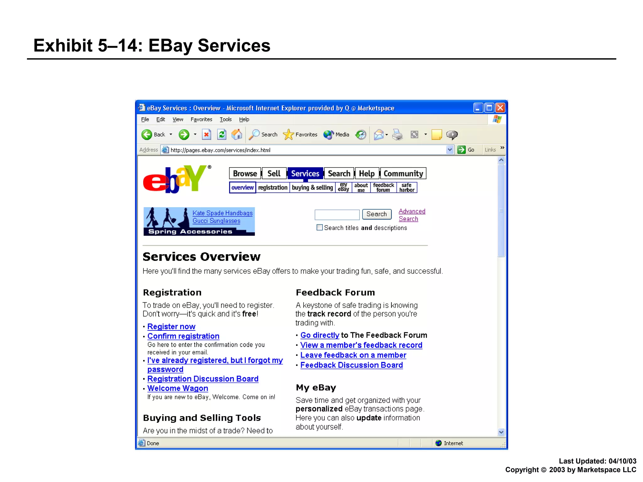 Exhibit 5–14: EBay Services

Last Updated: 04/10/03
Copyright © 2003 by Marketspace LLC

 