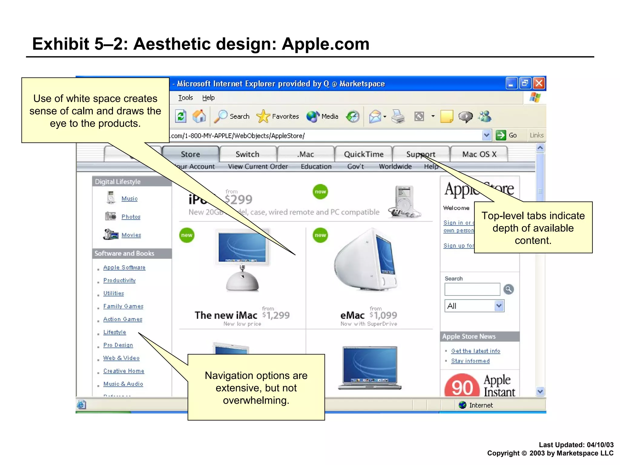 Exhibit 5–2: Aesthetic design: Apple.com
Use of white space creates
sense of calm and draws the
eye to the products.

Top-level tabs indicate
depth of available
content.

Navigation options are
extensive, but not
overwhelming.

Last Updated: 04/10/03
Copyright © 2003 by Marketspace LLC

 