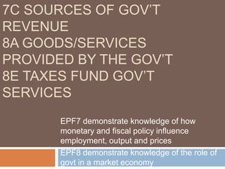 7C SOURCES OF GOV’T
REVENUE
8A GOODS/SERVICES
PROVIDED BY THE GOV’T
8E TAXES FUND GOV’T
SERVICES
       EPF7 demonstrate knowledge of how
       monetary and fiscal policy influence
       employment, output and prices
       EPF8 demonstrate knowledge of the role of
       govt in a market economy
 