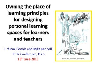 Owning the place of
learning principles
for designing
personal learning
spaces for learners
and teachers
Gráinne Conole and Mike Keppell
EDEN Conference, Oslo
13th June 2013
 