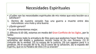 Necesidades Espirituales
• ¿Cuáles son las necesidades espirituales de mis nietos que esta lección va a
satisfacer?
1. Dentro de nuestro corazón hay una guerra a muerte entre dos
naturalezas: una mala y otra buena.
• ¿Quién ganará?
• La que alimentemos mejor.
2. (Efesios 6:10-18), estamos en medio del Gran Conflicto de los Siglos, por lo
tanto:
“Pongámonos toda la armadura de Dios para que podamos hacer frente a las
artimañas del diablo y podamos resistir hasta el fin con firmeza: (1) El
cinturón de la verdad, (2) La coraza de la justicia, (3) Los zapatos para ir a
predicar, (4) el escudo de la fe, (5) El casco de la salvación, (6) la espada del
Espíritu, que es la Palabra de Dios (7) La oración”
 