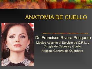 ANATOMIA DE CUELLO
Dr. Francisco Rivera Pesquera
Médico Adscrito al Servicio de O.R.L. y
Cirugía de Cabeza y Cuello
Hospital General de Querétaro
 