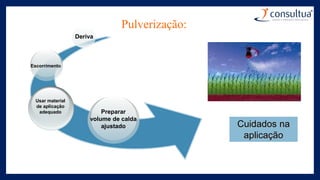 Pulverização:
Cuidados na
aplicação
Preparar
volume de calda
ajustado
Usar material
de aplicação
adequado
Deriva
Escorrimento
 