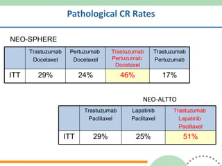 Pathological CR Rates NEO-SPHERE NEO-ALTTO Trastuzumab Docetaxel Pertuzumab  Docetaxe l Trastuzumab Pertuzumab  Docetaxel Trastuzumab Pertuzumab ITT 29% 24% 46% 17% Trastuzumab Paclitaxel Lapatinib Paclitaxel Trastuzumab  Lapatinib  Paclitaxel ITT 29% 25% 51% 