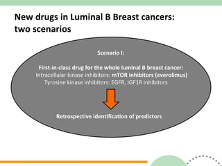 New drugs in Luminal B Breast cancers:  two scenarios Scenario I: First-in-class drug for the whole luminal B breast cancer: Intracellular kinase inhibitors:  mTOR inhibitors (everolimus) Tyrosine kinase inhibitors: EGFR, IGF1R inhibitors Retrospective identification of predictors 