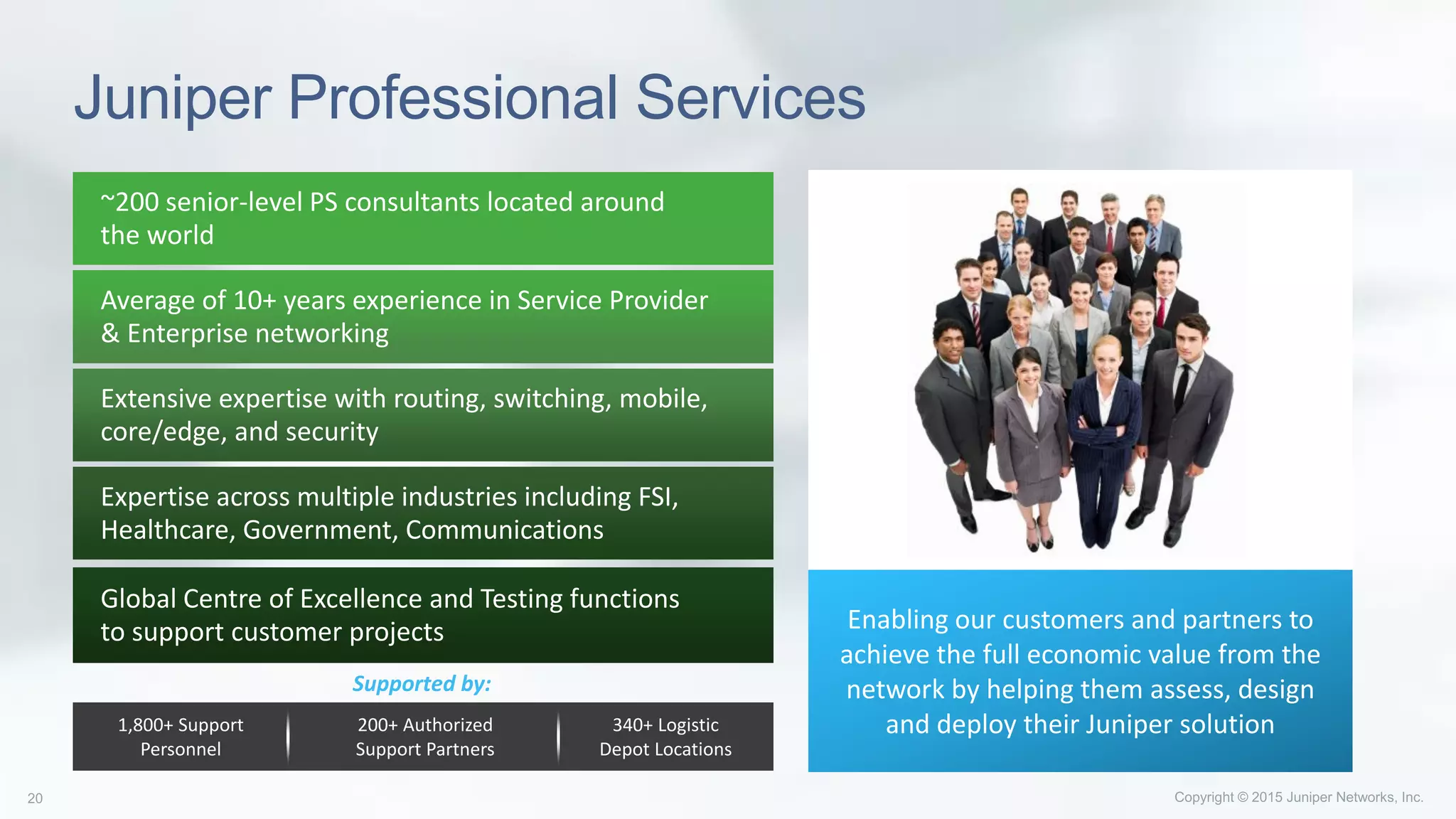 Juniper Professional Services
Enabling our customers and partners to
achieve the full economic value from the
network by helping them assess, design
and deploy their Juniper solution
~200 senior-level PS consultants located around
the world
Average of 10+ years experience in Service Provider
& Enterprise networking
Extensive expertise with routing, switching, mobile,
core/edge, and security
Expertise across multiple industries including FSI,
Healthcare, Government, Communications
Global Centre of Excellence and Testing functions
to support customer projects
200+ Authorized
Support Partners
340+ Logistic
Depot Locations
1,800+ Support
Personnel
Supported by:
 