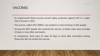 VACCINES
• An experimental Ebola vaccine proved highly protective against EVD in a major
trial in Guinea in 2015.
• The vaccine, called rVSV-ZEBOV, was studied in a trial involving 11 841 people.
• Among the 5837 people who received the vaccine, no Ebola cases were recorded
10 days or more after vaccination.
• In comparison, there were 23 cases 10 days or more after vaccination among
those who did not receive the vaccine..
26-08-2020Dr.SS
 