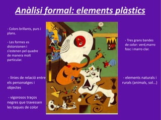 Anàlisi formal: elements plàstics
- Colors brillants, purs i
plans.
                                  - Tres grans bandes
- Les formes es
                                  de color: verd,marro
distorsionen i
                                  fosc i marro clar.
s'estenen pel quadre
de manera molt
particular.



- línies de relació entre         - elements naturals i
els personatges i                rurals (animals, sol...)
objectes

 - vigorosos traços
negres que travessen
les taques de color
 