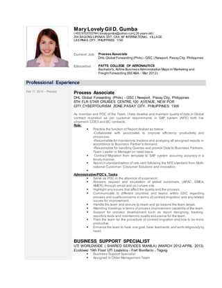 Mary Lovely Gil D. Gumba
(+63) 9153703764 | lovelygumba@yahoo.com| 26 years old |
204 BAGONG LIPUNAN EXT. CAA, BF INTERNATIONAL VILLAGE
LAS PINAS CITY, PHILIPPINES 1740
Current Job Process Associate
DHL Global Forwarding (Phils) - GSC | Newport, PasayCity, Philippines
Education PATTS COLLEGE OF AERONAUTICS
Bachelor's, Airline Business Administration Major in Marketing and
Freight Forwarding (BS ABA - Mar 2012)
Professional Experience
Feb 17, 2014 – Present
Process Associate
DHL Global Forwarding (Phils) - GSC | Newport, Pasay City, Philippines
8TH FLR STAR CRUISES CENTRE,100 AVENUE, NEW POR
CITY,CYBERTOURISM ZONE,PASAY CITY, PHILIPPINES 1309
As member and POC of the Team, I help develop and maintain quality of data in Global
contract migration as per customer requirements in SAP system (NFE) both live
shipment- COEX and BC contracts.
Role:
 Practice the function of Report Analyst as below:
-Collaborate with associates to improve efficiency, productivity and
processes.
-Responsible for maintaining,tracking and analyzing all assigned reports in
accordance to Business Partner’s demand.
-Responsible for handling Queries and provide Data to Business Partners,
Team Leader or Manager on need basis
 Contract Migration from template to SAP system assuring accuracy in a
timely manner.
 Assistin standardization of rate card following the NFE standard from Multi-
national Customer- Costumer Solutions and innovation.

Administrative/POC’s Tasks
 Serve as POC in the absence of supervisor.
 Answers request and escalation of global customers, (APAC, EMEA,
AMER) through email and on I-share site.
 Highlight any issues that affect the quality and the process.
 Communicate to different countries and teams within GSC regarding
process and qualityconcerns in terms of contract migration and any related
issues for improvement.
 Handle the team and assure to reach and go beyond the team target.
 Attending meetings in terms ofprocess improvement capability of the team.
 Support for process development such as report designing, tracking,
reporting tools and maintaining quality assurance for the team .
 Train the team for the procedure of contract migration and how to be more
productive.
 Enhance the team to have one goal,have teamwork,and work religiously by
heart.
BUSINESS SUPPORT SPECIALIST
UTI WORLDWIDE ( SHARED SERVICES MANILA) (MARCH 2012-APRIL 2013)
Ecotower 19th Floor UTi Logistics - Fort Bonifacio - Taguig
 Business Support Specialist
 Assigned in Order Management Team
 
