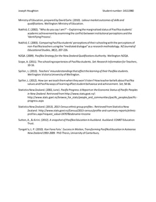 Joseph Houghton Studentnumber:14111980
Ministryof Education,preparedbyDavidEarle.(2010). Labourmarketoutcomesof skillsand
qualifications. Wellington:Ministryof Education.
Nakhid,C.(2002). "Who do yousay I am?" – Explainingthe marginalisedstatusof Pasifikastudents'
academicachievementbyexaminingthe conflictbetweeninstitutional perceptionsandthe
'IdentifyingProcess'.
Nakhid,C.(2003). ComparingPasifikastudents’perceptionsof theirschoolingwiththe perceptionsof
non-Pasifikateachersusingthe “mediateddialogue”asa researchmethodology. NZJournalof
EducationalStudies,38(2),207-226.
NZQA.(2009). Pasifika Strategy forthe New Zealand QualificationsAuthority. Wellington:NZQA.
Siope,A.(2011). The schoolingexperiencesof Pasifikastudents. Set:Research Information forTeachers,
10-16.
Spiller,L.(2013). Teachers’misunderstandingsthataffectthelearning of their Pasifika students.
Wellington:VictoriaUniversityof Wellington.
Spiller,L.(2012). Howcan we teachthemwhentheywon’tlisten?How teacherbeliefsaboutPasifika
valuesandPasifikawaysof learningaffectstudentbehaviourandachievement. Set,58-66.
StatisticsNewZealand.(2002,June). PacificProgress:A Reporton theEconomic Statusof Pacific Peoples
in New Zealand.Retrievedfromhttp://www.stats.govt.nz/:
http://www.stats.govt.nz/browse_for_stats/people_and_communities/pacific_peoples/pacific-
progress.aspx
StatisticsNewZealand.(2013). 2013 Censusethnicgroup profiles:.RetrievedfromStatisticsNew
Zealand: http://www.stats.govt.nz/Census/2013-census/profile-and-summary-reports/ethnic-
profiles.aspx?request_value=24707&tabname=Income
Sutton,A.,& Airini.(2012). A snapshotof Pasifika Education in Auckland. Auckland:COMETEducation
Trust.
Tongati'o,L. P. (2010). Koe Fana Fotu´:Successin Motion,Transforming PasifikaEducation in Aotearoa
NewZealand 1993-2009. PhD Thesis,Universityof Canterbury.
 