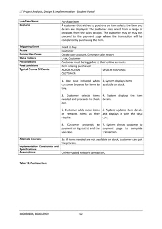 I.T Project Analysis, Design & Implementation - Student Portal
B00030104, B00032909 62
Use-Case Name: Purchase Item
Scenario A customer that wishes to purchase an item selects the item and
details are displayed. The customer may select from a range of
products from the sales section. The customer may or may not
proceed to the payment page where the transaction will be
completed by purchasing the item.
Triggering Event Need to buy
Actors Customer
Related Use Cases Create user account, Generate sales report
Stake Holders User, Customer
Preconditions Customer must be logged-in to their online accounts
Post conditions Item is being purchased
Typical Course Of Events: ACTOR ACTION
CUSTOMER
SYSTEM RESPONSE
1. Use case initiated when
customer browses for items to
buy.
3. Customer selects items
needed and proceeds to check
out.
5. Customer adds more items
or removes items as they
require.
8. Customer proceeds to
payment or log out to end the
use case.
2. System displays items
available on stock.
4. System displays the item
details.
6. System updates item details
and displays it with the total
cost.
7. System directs customer to
payment page to complete
transaction.
Alternate Courses: 3a. If items needed are not available on stock, customer can quit
the process.
Implementation Constraints and
Specifications:
Assumptions: Uninterrupted network connection,
Table 19: Purchase Item
 
