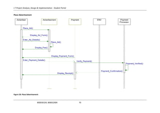 I.T Project Analysis, Design & Implementation - Student Portal
B00030104, B00032909 70
Place Advertisement
Figure 20: Place Advertisement
:Payment
Processor
Payment_Verified()
ENV:Payment
Payment_Confirmation()
Verify_Payment()
:Advertisement
Place_Ad()
:Advertiser
Display_Receipt()
Display_Fee()
Enter_Ad_Details()
Display_Ad_Form()
Place_Ad()
Enter_Payment_Details()
Display_Payment_Form()
 