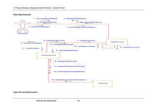I.T Project Analysis, Design & Implementation - Student Portal
B00030104, B00032909 80
Place Advertisement
Figure 30: Place Advertisement
AdvertiserAdvertiser
3. SelectAdsSpace()
4. DisplaySignUp()
5. EnterRegistrationDetails()
1. EnquireAdsDetails() 2. DisplayAdsDetails()
17. ReceiveConfirmation()
18. UpdateAccount()
:Advertisement
:UserAccount
3. SelectAdsSpace()
4. DisplaySignUp()
5. EnterRegistrationDetails()
1. EnquireAdsDetails() 2. DisplayAdsDetails()
17. ReceiveConfirmation()
18. UpdateAccount()
10. DisplayAdsDetails()
7. VerifyAccount()8. DisplayAdsForm()
9. EnterAdsDetails()
11. ConfirmAds()
6. CreateAccount()
3. SelectAdsSpace()
4. DisplaySignUp()
5. EnterRegistrationDetails()
1. EnquireAdsDetails() 2. DisplayAdsDetails()
17. ReceiveConfirmation()
18. UpdateAccount()
3. SelectAdsSpace()
4. DisplaySignUp()
5. EnterRegistrationDetails()
1. EnquireAdsDetails() 2. DisplayAdsDetails()
17. ReceiveConfirmation()
18. UpdateAccount()
3. SelectAdsSpace()
4. DisplaySignUp()
5. EnterRegistrationDetails()
1. EnquireAdsDetails() 2. DisplayAdsDetails()
17. ReceiveConfirmation()
18. UpdateAccount()
10. DisplayAdsDetails()
7. VerifyAccount()8. DisplayAdsForm()
9. EnterAdsDetails()
11. ConfirmAds()
10. DisplayAdsDetails()
7. VerifyAccount()8. DisplayAdsForm()
9. EnterAdsDetails()
11. ConfirmAds()
10. DisplayAdsDetails()
7. VerifyAccount()8. DisplayAdsForm()
9. EnterAdsDetails()
11. ConfirmAds()
6. CreateAccount()
12. PlaceAdsDetails()
13. DisplayTotalPrice()
14. SelectCardPaymentType()
15. EnterCardPaymentDetails()
16. DisplayPaymentConfirmation()
12. PlaceAdsDetails()
13. DisplayTotalPrice()
14. SelectCardPaymentType()
15. EnterCardPaymentDetails()
16. DisplayPaymentConfirmation()
12. PlaceAdsDetails()
13. DisplayTotalPrice()
14. SelectCardPaymentType()
15. EnterCardPaymentDetails()
16. DisplayPaymentConfirmation()
:Payment
12. PlaceAdsDetails()
13. DisplayTotalPrice()
14. SelectCardPaymentType()
15. EnterCardPaymentDetails()
16. DisplayPaymentConfirmation()
 