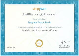 Swayam Prava Swain
Data Scientist - R Language Certification
03rd Sep 2016
 