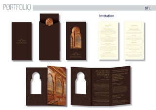 PORTFOLIO BTL
Invitation
BTL
Invitation
You are cordially invited
to the SYMPOSIUM of the
Inauguration Of
The Royal
Opera House
Muscat Pipe
Organ
Monday December 3rd 2012
10:00 am – 1:00 pm
To celebrate this historical day, we have invited
five international experts who will be presenting
a programme about the Pipe Organ and organ music:
in brief but elucidated presentations with musical
examples, the evolution, function, and modern use,
as well as technical and acoustic aspects of one of the
oldest instruments in human history will here be
demonstrated, Please see attached programme.
RSVP to the Box Office by
Saturday December 1st 2012
+968 2440 3333
For Your Information:
To fully savour this unique event, on the same evening we
encourage you to attend the ‘Royal Opera House Muscat Pipe
Organ Recital’ at 7:30 pm, in which fivedistinguished international
and national Organists will inaugurate our remarkable instrument.
Please contact the above number for tickets.
YYYYooooou are cordially invited
tttooooo the SYMPOSIUM of the
IIInnnnnnauguration Of
TTTTTTThhe Royal
OOOOOOOOpera House
MMMMMMMMuscat Pipe
OOOOOOOOrgan
MMMMooonnnday December 3rd 2012
1000::0000 am – 1:00 pm
TToo ccceelebrate this historical day, we have invited
fiivveee innternational experts who will be presenting
a ppprrrooogramme about the Pipe Organ and organ music:
innn bbbbrrrief but elucidated presentations with musical
exxxaaammmmples, the evolution, function, and modern use,
ass wwwweelll as technical and acoustic aspects of one of the
olldddeeesst instruments in human history will here be
ddeemmmmmoonstrated, Please see attached programme.
RRRSSSVSVVVP to the Box Office by
SSaaaatttuurday December 1st 2012
++9999668 2440 3333
Foorr YYYoour Information:
ToToo fffuuullly savour this unique event, on the same evening we
ennnccooouurrage you to attend the ‘Royal Opera House Muscat Pipe
OOrrgggaannn Recital’ at 7:30 pm, in which fivedistinguished international
anndd nnaational Organists will inaugurate our remarkable instrument.
Plleeaaassee contact the above number for tickets.
You are cordially invited
to the SYMPOSIUM of the
Inauguration Of
The Royal
Opera House
Muscat Pipe
Organ
Monday December 3rd 2012
10:00 am – 1:00 pm
To celebrate this historical day, we have invited
five international experts who will be presenting
a programme about the Pipe Organ and organ music:
in brief but elucidated presentations with musical
examples, the evolution, function, and modern use,
as well as technical and acoustic aspects of one of the
oldest instruments in human history will here be
demonstrated, Please see attached programme.
RSVP to the Box Office by
Saturday December 1st 2012
+968 2440 3333
For Your Information:
To fully savour this unique event, on the same evening we
encourage you to attend the ‘Royal Opera House Muscat Pipe
Organ Recital’ at 7:30 pm, in which fivedistinguished international
and national Organists will inaugurate our remarkable instrument.
Please contact the above number for tickets.
‫ﻧﺎﻣﺞ‬ ‫اﻟ‬ ‫ﺟﺪول‬
‫ﺷﻤﻴﺖ‬ ‫ﺳﺘﻴﻔﺎن‬ ‫اﻟﺪﻛﺘﻮر‬ ‫وﻓﻴﺴﻮر‬ ‫اﻟ‬
:‫ﺷﻨﻮر‬ ‫ﻛﻠﻴﻤﻨﺲ‬ ‫وﻓﻴﺴﻮر‬ ‫واﻟ‬
√É≤«°Sƒeh ¬ª«ª°üJ ,øZQhC’G øY IõLƒe á«îjQÉJ áëŸ
É¡ØFÉXhh ÉgÉ≤«°Sƒeh øZQhC’G ádBG ïjQÉJ ¿GÒÑÿG ¿Gòg ¢Vô©j
(ô°VÉ◊G Éæàbh ≈dEG ô°ûY ™HGôdG ¿ô≤dG øe) ∫É«LC’G ÈY
‫ﻛﻠﻴﺲ‬ ‫ﻓﻴﻠﻴﺐ‬
§≤°ùe á«fÉ£∏°ùdG GôHhC’G QGO ≈dEG á«fÉfƒ«dG äÉLQóŸG øe
áYÉæ°U ïjQÉJ øY ¢ù«∏c Ö«∏«a øZQhC’G ™fÉ°U çóëà«°S
GôHhC’G QGO øZQhCG º«ª°üJ øYh ,áÁó≤dG Qƒ°ü©dG ‘ øZQhC’G
.§≤°ùe á«fÉ£∏°ùdG
‫إدواردز‬ ‫ﻧﻴﻜﻮﻻس‬
§≤°ùe á«fÉ£∏°ùdG GôHhC’G QGO øZQhC’ »Jƒ°üdG º«ª°üàdG øY ìô°T
GôHhC’G QGO øe ROQGhOEG ¢S’ƒμ«f »Jƒ°üdG ºª°üŸG ìô°û«°S
äƒ°üdG ¿ƒμ«d ìô°ùª∏d ¬ª«ª°üJ á«Ø«c §≤°ùe á«fÉ£∏°ùdG
¢ùØæH ,Öéj Éªc É«≤f øZQhC’G ádBG Ö«HÉfCG øY QOÉ°üdG
.ájGóÑdG òæe kÉ©Ñàe ¿Éc …òdG Üƒ∏°SC’G
‫ﻛﻴﺘﺲ‬ ‫وﻳﻠﻔﺮﻳﺪ‬
øZQhC’G ≈∏Y ±õY ™e “ÖgòdG áªég” :âeÉ°üdG º∏«ØdG ¢VôY
áªég{ º∏«a øe AõL ¢Vô©H ¢ùà«c øZQhC’G ±RÉY Ωƒ≤«°S
äÉj’ƒdG) ø∏HÉ°T ‹QÉ°T êGôNEGh ∞«dCÉJ øe âeÉ°üdG zÖgòdG
..øZQhC’G áÑMÉ°üÃ ,(1925 ,á«μjôe’G IóëàŸG
Programme
Prof. Dr. Stephan Schmitt and
Prof. Klemens Schnorr
The Organ. A Short History of its Structure and its Music
These experts will introduce and demonstrate the
history and function of the instrument through the
generations (from 14th
century to the present)
of pipe organ music.
Philipp Klais
From Greek Amphitheatres to the Royal Opera House in Muscat
The Builder of the Pipe Organ will speak about the
history of organ building from ancient times to
today, and will describe the building of the Royal
Opera House Muscat Pipe Organ.
Nicholas Edwards
The Acoustical Design of the Royal Opera House Muscat
for a Pipe Organ
The acoustical designer of the Royal Opera House
Muscat will explain how the acoustics of the Theatre
were conceived in respect of the Pipe Organ, which
was a concrete part of the concept for the Theatre’s
design since the beginning.
Wilfried Kaets
The Gold Rush: Silent Film Music in Practice
The organist will present a part of the silent ﬁlm
‘The Gold Rush’ written and directed by Charlie
Chaplin (USA, 1925) accompanied by the organ.
‫ﳊﻀﻮر‬ ‫دﻋﻮﺗﻜﻢ‬ ‫ﻳﺴﺮﻧﺎ‬
‫أورﻏﻦ‬ ‫”ﺗﺪﺷﲔ‬ ‫ﻧﺪوة‬
‫اﻟﺴﻠﻄﺎﻧﻴﺔ‬ ‫وﺑﺮا‬ ‫ا‬ ‫دار‬
“‫ﻣﺴﻘﻂ‬
2012 ôÑª°ùjO 3 ø«æKE’G Ωƒj
ô¡¶dG ó©H 1^00 ≈àMh kÉMÉÑ°U 10^00 øe
á°ùªN ≈dEG ΩÉª°†f’ÉH π°†ØJ ,»îjQÉàdG Ωƒ«dG Gò¡H ∫ÉØàMÓd
á«fÉ£∏°ùdG GôHhC’G QGO ìô°ùe ≈∏Y É¡ª«≤f Ihóf »a ø««dhO AGôÑN
,á«≤«°Sƒe á«ªjó≤J kÉ°VhôYh ,á«ªjOÉcCG kGQÉμaCG º°†J §≤°ùe
ºà«°S Éªc ,√É≤«°Sƒeh øZQhC’G ∫ƒM kGQGƒMh ,kÉàeÉ°U kÉª∏«ah
,Iô°UÉ©ªdG ¬JÉeGóîà°SG ,¬ØFÉXh ,√Qƒ£J πMGôe á°ûbÉæe
√ò¡d áYƒæàªdG á«©ª°ùdG ÖfGƒédGh á«Jƒ°üdG äÉ«æ≤àdG ∂dòch
.…ô°ûÑdG ïjQÉàdG »a É¡ª¶YCGh ä’B’G ΩóbCG øe ôÑà©J »àdG ádB’G
.≥aôªdG èeÉfôÑdG ∫hóL ≈∏Y ´ÓW’G ≈Lôj
∑ÉÑ°T »a Éæ«ØXƒe ™e π°UGƒàdG ≈Lôj .IOhóëe óYÉ≤ªdG
1 óMC’G Ωƒj ájÉ¨d ¬æY QGòàY’G hCG Qƒ°†ëdG ó«cCÉàd ôcGòàdG
+968 2440 3332/3333/3334 :ΩÉbQC’G ≈∏Y 2012 ôÑª°ùjO
“§≤°ùe á«fÉ£∏°ùdG GôHhC’G QGO øZQhCG ø«°TóJ πØM”
ø«°TóJ πØM" Qƒ°†M ™FGôdG øe ¿ƒμ«°S ,ºμàHôéJ πªàμàdh
óæY ¬°ùØf Ωƒ«dG AÉ°ùe »a "§≤°ùe á«fÉ£∏°ùdG GôHhC’G QGO øZQhCG
øe ø«aRÉ©dG Iô«N øe á°ùªN ø°Tój å«M ,kAÉ°ùe 7:30 áYÉ°ùdG
.Iôe ∫hC’ ¬«∏Y º¡aõ©H QGódG øZQhCG ºdÉ©dGh ¿Éª oY
,www.rohmuscat.org.om IQÉjR ≈Lôj πØëdG ôcGòJ AGô°ûd
.§≤°ùe á«fÉ£∏°ùdG GôHhC’G QGO ôcGòJ ∑ÉÑ°T ôÑY kÉ«°üî°T hCG
 