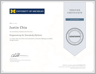 MAY 07, 2015
Justin Chia
Programming for Everybody (Python)
an 11 week online non-credit course authorized by University of Michigan and offered
through Coursera
has successfully completed with distinction
Charles Severance
Clinical Associate Professor, School of Information
University of Michigan
Verify at coursera.org/verify/KUKM298CTS
Coursera has confirmed the identity of this individual and
their participation in the course.
 
