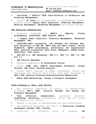 Sudhakar R Mediboyina
APICS CPIM Certified.
113 Thornton Ct, East Peoria,IL
 309-648-8409
Email: Sudhakar_626@yahoo.com
 Certified in APICS’s CPIM (Certification in Production and
Inventory Management).
 Overall 22 years of IT experience in implementing several
projects within Supply Chain Logistics, Inventory Management,
Material Management, Warehouse Management and related systems.
SAP Technical Competencies:
 Extensive knowledge in ABAP/4 – Reports, Dialog
programming, interfaces, ABAP Objects, BAPIs.
 IS-Supply Chain Logistics, Inventory Management, Warehouse
Management, SNC.
 IDOCS/EDI,BDOC processing, CIF between R/3 between APO,
Data Extraction to SAP BW, IBM’S ETL and IBM’s Cognos, Switch
Framework, BgRFC programming, Synchronous and asynchronous
RFCs, parallel processing, Work Flows, WebDynpro, ADOBE Forms,
SAPScripts, User exits.
 SAP ECC 6.0, SAP Netweaver, SCM 5.1, SCM 7.0, SCM 7.2, SAP
R/3 4.7
 SAP Version Upgrades.
 Extensive experience in Performance Tuning
 Tools: LSMW, ALV, ABAP/4 Development Workbench, Screen
Painter, SQL Trace, Runtime Analysis.
 Formal Sap’s training in ABAP, Performance Tuning and
Techniques and Business Work flows. Very good knowledge in
SAP’s SOA (Service Oriented Architecture)and Webservices.
 Newer ASAP Methodology, Change & Transport management.
Other Software & Misc. soft Skills:
 Has extensive experience in several IT methodologies
including SAP’s ASAP, Solution Manager and Change and
Transport Management.
 Very effective communicator, possesses excellent
leadership, mentoring, interpersonal skills and can liaise
with people at all levels.
 Worked in the past on IBM mainframe and Java technologies.
 Has extensive experience and skills in Relational Database
management systems (DB2, Oracle).
 Proficient in Microsoft suite of products –MS
2of 8
 