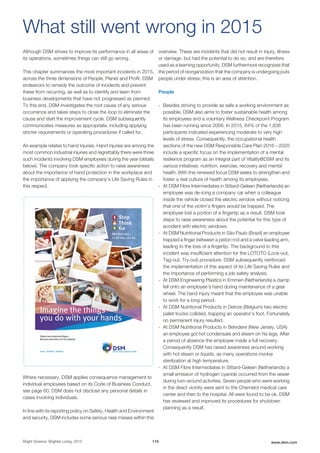 Although DSM strives to improve its performance in all areas of
its operations, sometimes things can still go wrong.
This chapter summarizes the most important incidents in 2015,
across the three dimensions of People, Planet and Profit. DSM
endeavors to remedy the outcome of incidents and prevent
these from recurring, as well as to identify and learn from
business developments that have not progressed as planned.
To this end, DSM investigates the root cause of any serious
occurrence and takes steps to close the loop to eliminate the
cause and start the improvement cycle. DSM subsequently
communicates measures as appropriate, including applying
stricter requirements or operating procedures if called for.
An example relates to hand injuries. Hand injuries are among the
most common industrial injuries and regrettably there were three
such incidents involving DSM employees during the year (details
below). The company took specific action to raise awareness
about the importance of hand protection in the workplace and
the importance of applying the company's Life Saving Rules in
this respect.
Where necessary, DSM applies consequence management to
individual employees based on its Code of Business Conduct,
see page 60. DSM does not disclose any personal details in
cases involving individuals.
In line with its reporting policy on Safety, Health and Environment
and security, DSM includes some serious near misses within this
overview. These are incidents that did not result in injury, illness
or damage, but had the potential to do so, and are therefore
used as a learning opportunity. DSM furthermore recognizes that
the period of reorganization that the company is undergoing puts
people under stress; this is an area of attention.
People
- Besides striving to provide as safe a working environment as
possible, DSM also aims to foster sustainable health among
its employees and a voluntary Wellness Checkpoint Program
has been running since 2008. In 2015, 64% of the 1,836
participants indicated experiencing moderate to very high
levels of stress. Consequently, the occupational health
sections of the new DSM Responsible Care Plan 2016 – 2020
include a specific focus on the implementation of a mental
resilience program as an integral part of Vitality@DSM and its
various initiatives: nutrition, exercise, recovery and mental
health. With this renewed focus DSM seeks to strengthen and
foster a real culture of health among its employees.
- At DSM Fibre Intermediates in Sittard-Geleen (Netherlands) an
employee was de-icing a company car when a colleague
inside the vehicle closed the electric window without noticing
that one of the victim’s fingers would be trapped. The
employee lost a portion of a fingertip as a result. DSM took
steps to raise awareness about the potential for this type of
accident with electric windows.
- At DSM Nutritional Products in São Paulo (Brazil) an employee
trapped a finger between a piston rod and a valve leading arm,
leading to the loss of a fingertip. The background to this
incident was insufficient attention for the LOTOTO (Lock-out,
Tag-out, Try-out) procedure. DSM subsequently reinforced
the implementation of this aspect of its Life Saving Rules and
the importance of performing a job safety analysis.
- At DSM Engineering Plastics in Emmen (Netherlands) a clamp
fell onto an employee's hand during maintenance of a gear
wheel. The hand injury meant that the employee was unable
to work for a long period.
- At DSM Nutritional Products in Deinze (Belgium) two electric
pallet trucks collided, trapping an operator’s foot. Fortunately
no permanent injury resulted.
- At DSM Nutritional Products in Belvidere (New Jersey, USA)
an employee got hot condensate and steam on his legs. After
a period of absence the employee made a full recovery.
Consequently DSM has raised awareness around working
with hot steam or liquids, as many operations involve
sterilization at high temperature.
- At DSM Fibre Intermediates in Sittard-Geleen (Netherlands) a
small emission of hydrogen cyanide occurred from the sewer
during turn-around activities. Seven people who were working
in the direct vicinity were sent to the Chemelot medical care
center and then to the hospital. All were found to be ok. DSM
has reviewed and improved its procedures for shutdown
planning as a result.
What still went wrong in 2015
Bright Science. Brighter Living. 2015 116 www.dsm.com
 