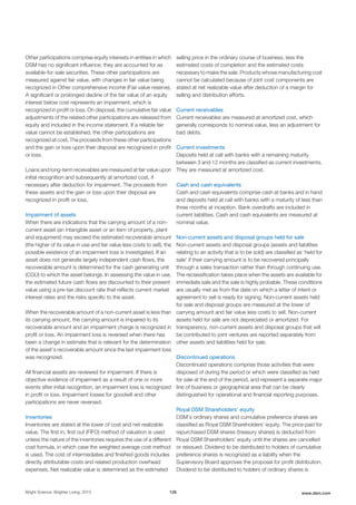 Other participations comprise equity interests in entities in which
DSM has no significant influence; they are accounted for as
available-for-sale securities. These other participations are
measured against fair value, with changes in fair value being
recognized in Other comprehensive income (Fair value reserve).
A significant or prolonged decline of the fair value of an equity
interest below cost represents an impairment, which is
recognized in profit or loss. On disposal, the cumulative fair value
adjustments of the related other participations are released from
equity and included in the income statement. If a reliable fair
value cannot be established, the other participations are
recognized at cost. The proceeds from these other participations
and the gain or loss upon their disposal are recognized in profit
or loss.
Loans and long-term receivables are measured at fair value upon
initial recognition and subsequently at amortized cost, if
necessary after deduction for impairment. The proceeds from
these assets and the gain or loss upon their disposal are
recognized in profit or loss.
Impairment of assets
When there are indications that the carrying amount of a non-
current asset (an intangible asset or an item of property, plant
and equipment) may exceed the estimated recoverable amount
(the higher of its value in use and fair value less costs to sell), the
possible existence of an impairment loss is investigated. If an
asset does not generate largely independent cash flows, the
recoverable amount is determined for the cash generating unit
(CGU) to which the asset belongs. In assessing the value in use,
the estimated future cash flows are discounted to their present
value using a pre-tax discount rate that reflects current market
interest rates and the risks specific to the asset.
When the recoverable amount of a non-current asset is less than
its carrying amount, the carrying amount is impaired to its
recoverable amount and an impairment charge is recognized in
profit or loss. An impairment loss is reversed when there has
been a change in estimate that is relevant for the determination
of the asset’s recoverable amount since the last impairment loss
was recognized.
All financial assets are reviewed for impairment. If there is
objective evidence of impairment as a result of one or more
events after initial recognition, an impairment loss is recognized
in profit or loss. Impairment losses for goodwill and other
participations are never reversed.
Inventories
Inventories are stated at the lower of cost and net realizable
value. The first in, first out (FIFO) method of valuation is used
unless the nature of the inventories requires the use of a different
cost formula, in which case the weighted average cost method
is used. The cost of intermediates and finished goods includes
directly attributable costs and related production overhead
expenses. Net realizable value is determined as the estimated
selling price in the ordinary course of business, less the
estimated costs of completion and the estimated costs
necessary to make the sale. Products whose manufacturing cost
cannot be calculated because of joint cost components are
stated at net realizable value after deduction of a margin for
selling and distribution efforts.
Current receivables
Current receivables are measured at amortized cost, which
generally corresponds to nominal value, less an adjustment for
bad debts.
Current investments
Deposits held at call with banks with a remaining maturity
between 3 and 12 months are classified as current investments.
They are measured at amortized cost.
Cash and cash equivalents
Cash and cash equivalents comprise cash at banks and in hand
and deposits held at call with banks with a maturity of less than
three months at inception. Bank overdrafts are included in
current liabilities. Cash and cash equivalents are measured at
nominal value.
Non-current assets and disposal groups held for sale
Non-current assets and disposal groups (assets and liabilities
relating to an activity that is to be sold) are classified as ‘held for
sale’ if their carrying amount is to be recovered principally
through a sales transaction rather than through continuing use.
The reclassification takes place when the assets are available for
immediate sale and the sale is highly probable. These conditions
are usually met as from the date on which a letter of intent or
agreement to sell is ready for signing. Non-current assets held
for sale and disposal groups are measured at the lower of
carrying amount and fair value less costs to sell. Non-current
assets held for sale are not depreciated or amortized. For
transparency, non-current assets and disposal groups that will
be contributed to joint ventures are reported separately from
other assets and liabilities held for sale.
Discontinued operations
Discontinued operations comprise those activities that were
disposed of during the period or which were classified as held
for sale at the end of the period, and represent a separate major
line of business or geographical area that can be clearly
distinguished for operational and financial reporting purposes.
Royal DSM Shareholders’ equity
DSM’s ordinary shares and cumulative preference shares are
classified as Royal DSM Shareholders’ equity. The price paid for
repurchased DSM shares (treasury shares) is deducted from
Royal DSM Shareholders’ equity until the shares are cancelled
or reissued. Dividend to be distributed to holders of cumulative
preference shares is recognized as a liability when the
Supervisory Board approves the proposal for profit distribution.
Dividend to be distributed to holders of ordinary shares is
Bright Science. Brighter Living. 2015 126 www.dsm.com
 