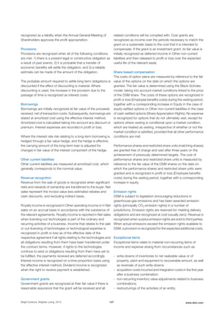 recognized as a liability when the Annual General Meeting of
Shareholders approves the profit appropriation.
Provisions
Provisions are recognized when all of the following conditions
are met: 1) there is a present legal or constructive obligation as
a result of past events; 2) it is probable that a transfer of
economic benefits will settle the obligation; and 3) a reliable
estimate can be made of the amount of the obligation.
The probable amount required to settle long-term obligations is
discounted if the effect of discounting is material. Where
discounting is used, the increase in the provision due to the
passage of time is recognized as interest costs.
Borrowings
Borrowings are initially recognized at fair value of the proceeds
received, net of transaction costs. Subsequently, borrowings are
stated at amortized cost using the effective interest method.
Amortized cost is calculated taking into account any discount or
premium. Interest expenses are recorded in profit or loss.
Where the interest rate risk relating to a long-term borrowing is
hedged through a fair value hedge, and the hedge is effective,
the carrying amount of the long-term loan is adjusted for
changes in fair value of the interest component of the hedge.
Other current liabilities
Other current liabilities are measured at amortized cost, which
generally corresponds to the nominal value.
Revenue recognition
Revenue from the sale of goods is recognized when significant
risks and rewards of ownership are transferred to the buyer. Net
sales represent the invoice value less estimated rebates and
cash discounts, and excluding indirect taxes.
Royalty income is recognized in Other operating income or in Net
sales on an accrual basis in accordance with the substance of
the relevant agreements. Royalty income is reported in Net sales
when licensing-out technologies is part of the ordinary and
recurring activities of a business. Income that relates to the sale
or out-licensing of technologies or technological expertise is
recognized in profit or loss as of the effective date of the
respective agreement if all rights relating to the technologies and
all obligations resulting from them have been transferred under
the contract terms. However, if rights to the technologies
continue to exist or obligations resulting from them have yet to
be fulfilled, the payments received are deferred accordingly.
Interest income is recognized on a time-proportion basis using
the effective interest method. Dividend income is recognized
when the right to receive payment is established.
Government grants
Government grants are recognized at their fair value if there is
reasonable assurance that the grant will be received and all
related conditions will be complied with. Cost grants are
recognized as income over the periods necessary to match the
grant on a systematic basis to the cost that it is intended to
compensate. If the grant is an investment grant, its fair value is
initially recognized as deferred income in Other non-current
liabilities and then released to profit or loss over the expected
useful life of the relevant asset.
Share-based compensation
The costs of option plans are measured by reference to the fair
value of the options on the date on which the options are
granted. The fair value is determined using the Black-Scholes
model, taking into account market conditions linked to the price
of the DSM share. The costs of these options are recognized in
profit or loss (Employee benefits costs) during the vesting period,
together with a corresponding increase in Equity in the case of
equity-settled options or Other non-current liabilities in the case
of cash-settled options (Share Appreciation Rights). No expense
is recognized for options that do not ultimately vest, except for
options where vesting is conditional upon a market condition,
which are treated as vesting, irrespective of whether or not the
market condition is satisfied, provided that all other performance
conditions are met.
Performance shares and restricted share units (matching shares)
are granted free of charge and vest after three years on the
achievement of previously determined targets. The cost of
performance shares and restricted share units is measured by
reference to the fair value of the DSM shares on the date on
which the performance shares and restricted share units were
granted and is recognized in profit or loss (Employee benefits
costs) during the vesting period, together with a corresponding
increase in equity.
Emission rights
DSM is subject to legislation encouraging reductions in
greenhouse-gas emissions and has been awarded emission
rights (principally CO2 emission rights) in a number of
jurisdictions. Emission rights are reserved for meeting delivery
obligations and are recognized at cost (usually zero). Revenue is
recognized when surplus emission rights are sold to third parties.
When actual emissions exceed the emission rights available to
DSM, a provision is recognized for the expected additional costs.
Exceptional items
Exceptional items relate to material non-recurring items of
income and expense arising from circumstances such as:
- write-downs of inventories to net realizable value or of
property, plant and equipment to recoverable amount, as well
as reversals of such write-downs;
- acquisition costs incurred and integration costs in the first year
after a business combination;
- non-recurring inventory value adjustments related to business
combinations;
- restructurings of the activities of an entity;
Bright Science. Brighter Living. 2015 127 www.dsm.com
 