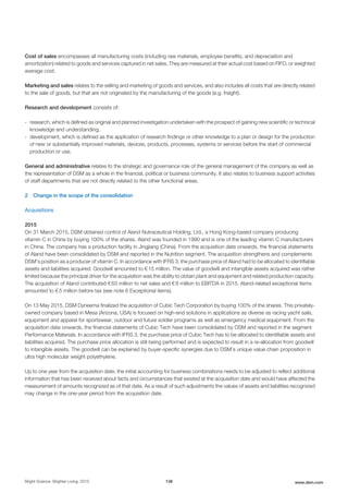 Cost of sales encompasses all manufacturing costs (including raw materials, employee benefits, and depreciation and
amortization) related to goods and services captured in net sales. They are measured at their actual cost based on FIFO, or weighted
average cost.
Marketing and sales relates to the selling and marketing of goods and services, and also includes all costs that are directly related
to the sale of goods, but that are not originated by the manufacturing of the goods (e.g. freight).
Research and development consists of:
- research, which is defined as original and planned investigation undertaken with the prospect of gaining new scientific or technical
knowledge and understanding;
- development, which is defined as the application of research findings or other knowledge to a plan or design for the production
of new or substantially improved materials, devices, products, processes, systems or services before the start of commercial
production or use.
General and administrative relates to the strategic and governance role of the general management of the company as well as
the representation of DSM as a whole in the financial, political or business community. It also relates to business support activities
of staff departments that are not directly related to the other functional areas.
2 Change in the scope of the consolidation
Acquisitions
2015
On 31 March 2015, DSM obtained control of Aland Nutraceutical Holding, Ltd., a Hong Kong-based company producing
vitamin C in China by buying 100% of the shares. Aland was founded in 1990 and is one of the leading vitamin C manufacturers
in China. The company has a production facility in Jingjiang (China). From the acquisition date onwards, the financial statements
of Aland have been consolidated by DSM and reported in the Nutrition segment. The acquisition strengthens and complements
DSM’s position as a producer of vitamin C. In accordance with IFRS 3, the purchase price of Aland had to be allocated to identifiable
assets and liabilities acquired. Goodwill amounted to € 15 million. The value of goodwill and intangible assets acquired was rather
limited because the principal driver for the acquisition was the ability to obtain plant and equipment and related production capacity.
The acquisition of Aland contributed € 63 million to net sales and € 8 million to EBITDA in 2015. Aland-related exceptional items
amounted to € 5 million before tax (see note 6 Exceptional items).
On 13 May 2015, DSM Dyneema finalized the acquisition of Cubic Tech Corporation by buying 100% of the shares. This privately-
owned company based in Mesa (Arizona, USA) is focused on high-end solutions in applications as diverse as racing yacht sails,
equipment and apparel for sportswear, outdoor and future soldier programs as well as emergency medical equipment. From the
acquisition date onwards, the financial statements of Cubic Tech have been consolidated by DSM and reported in the segment
Performance Materials. In accordance with IFRS 3, the purchase price of Cubic Tech has to be allocated to identifiable assets and
liabilities acquired. The purchase price allocation is still being performed and is expected to result in a re-allocation from goodwill
to intangible assets. The goodwill can be explained by buyer-specific synergies due to DSM’s unique value chain proposition in
ultra high molecular weight polyethylene.
Up to one year from the acquisition date, the initial accounting for business combinations needs to be adjusted to reflect additional
information that has been received about facts and circumstances that existed at the acquisition date and would have affected the
measurement of amounts recognized as of that date. As a result of such adjustments the values of assets and liabilities recognized
may change in the one-year period from the acquisition date.
Bright Science. Brighter Living. 2015 138 www.dsm.com
 