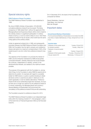 Special statutory rights
DSM Preference Shares Foundation
The DSM Preference Shares Foundation was established in
1989.
By virtue of DSM's Articles of Association, 375,000,000
cumulative preference shares B can be issued. The listing
prospectus of 1989 stated that if, without the approval of the
Managing Board and Supervisory Board, either a bid is made for
the ordinary shares or a significant participation in ordinary
shares is built up, or such an event is likely to occur, then these
preference shares B may be issued, which shall have the same
voting rights as the ordinary shares.
Under an agreement entered into in 1999, and subsequently
amended, between the DSM Preference Shares Foundation and
DSM, the Foundation has the right to acquire such preference
shares (call option) to a maximum corresponding to 100% of the
capital issued in any form other than preference shares B, less
one.
The objective of the Foundation is to promote the interest of
DSM, and the enterprise maintained by DSM and all parties
connected therewith, whereby influences that would threaten
the continuity, independence or identity, contrary to the
aforementioned interests, are resisted to the maximum extent
possible.
The purpose of the agreement with the Foundation is, among
other things, for the Foundation to allow DSM the opportunity to
determine its position, for example with regard to a possible
bidder for DSM shares or a party or parties tempting to obtain
(de facto) control, to examine any plans in detail and, to the
extent applicable, to look for (better) alternatives. Preference
shares B will not be outstanding longer than necessary. As soon
as there are no longer any reasons for the preference shares B
to remain outstanding, the Managing Board will convene a
General Meeting of Shareholders and recommend the
cancellation of the preference shares B that are still outstanding.
The Foundation acquired no preference shares B in 2015.
The DSM Preference Shares Foundation is an independent legal
entity within the meaning of article 5:71, first paragraph, under c
of the Dutch Act on Financial Supervision (Wet op het financieel
toezicht).
On 31 December 2015, the board of the Foundation was
composed as follows:
Gerard Kleisterlee, chairman
Cees Maas, vice-chairman
Mick den Boogert
Important dates
Annual General Meeting of Shareholders
The Annual General Meeting of Shareholders is to be held at the DSM
head office in Heerlen (Netherlands) on Friday, 29 April 2016 at 14.00
hours.
Important dates
Publication of first-quarter results Tuesday, 26 April 2016
Ex-dividend quotation Tuesday, 3 May 2016
Publication of second-quarter
results Tuesday, 2 August 2016
Publication of third-quarter results Thursday, 3 November 2016
Full year results 2016 Wednesday, 15 February 2017
Bright Science. Brighter Living. 2015 205 www.dsm.com
 