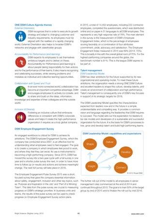 ONE DSM Culture Agenda themes
External Orientation
DSM recognizes that in order to execute its growth
strategy and adapt to changing customer and
industry requirements, its employees must be
aligned with the realities of a rapidly changing
world. External Orientation also helps to broaden DSM’s
networks and engage with stakeholder groups.
Accountability for Performance (and learning)
DSM expects its employees to set themselves
ambitious targets and to deliver on these.
Accountability for Performance (and learning) is
about people taking responsibility for their actions
and for the performance of their teams. It also means recognizing
and celebrating successes, while viewing problems and
mistakes as individual and collective learning opportunities.
Collaboration with Speed and Trust
In an ever more connected world, collaboration has
become an important competitive advantage. DSM
encourages employees to actively (co-)create, and
to share and build on the ideas, information,
knowledge and expertise of their colleagues and the outside
world.
Inclusion & Diversity
Fostering an inclusive culture that embraces
differences is consistent with DSM’s corporate
values and helps it create the high-performance
organization it requires as a truly global company.
DSM Employee Engagement Survey
An engaged workforce is critical for DSM to achieve its
ambitions. The DSM Employee Engagement Survey, which the
company has conducted since 2007, is an effective tool for
understanding what employees need to feel engaged. The goal
is to create a company in which employees feel proud to work,
and where they feel they can excel. Its use is instrumental to
becoming a high-performing company. Since 2015, DSM has
moved this survey into a two-year cycle with a full survey in one
year and a shorter pulse survey the next, in order to have more
time to follow up on results and actions and achieve meaningful
change. The next full survey will take place in 2016.
The Employee Engagement Pulse Survey 2015 was a short,
focused survey that gave the company essential information
about safety, engagement, inclusion and other key topics, such
as 'Purpose and Inspiration in the Job' and 'Part of a Winning
Team'. The data from the pulse survey are crucial to measuring
progress on DSM’s strategic priorities. In business units and
teams, the results of the pulse survey can be used to check
progress on Employee Engagement Survey action plans.
In 2015, a total of 14,452 employees, including 222 contractor
employees, completed the questionnaire, which was distributed
online and on paper in 21 languages to all DSM employees. This
represents a very high response rate of 78%. The main element
in the survey is the measurement of DSM’s Employee
Engagement Index, which is the percentage of employees
scoring favorably on a combination of four attributes:
commitment, pride, advocacy and satisfaction. The Employee
Engagement Index measured in 2015 was 69% (2014: 70%).
This is broadly in line with the overall global norm of 70%. For the
highest-performing companies around the globe, the
benchmark number is 81%. This is the league DSM aspires to
be part of.
Talent management
DSM Leadership Model
DSM has clear ambitions for the future supported by its new
organizational and operating model. To meet these future
ambitions, the organization needs a strong ONE DSM Culture
and excellent leaders to shape this culture, develop talents, and
create an environment of collaboration and high performance.
Talent management is consequently one of DSM's key focuses
in support of its strategic targets for 2018.
The DSM Leadership Model specifies the characteristics
expected from leaders now and in the future in a simple,
understandable and compelling way. It provides a common
vision and language regarding the leadership that DSM requires
to succeed. The model sets out the expectation for leaders to
be role models and developers of a sustainable and successful
organization for the future. It is the basis for DSM’s processes to
hire, grow and develop talent and build high-performing teams.
Deliver
Shape
Insight
Connect
Develop
© 2012 Royal DSM
DSM Leadership Model: capabilities and expectations
The further roll-out of the model to all employees in senior
management roles commenced at the end of 2014 and
continued throughout 2015. The goal is to train 50% of the target
group by end of 2015 and to finalize the roll-out by mid-2016.
Bright Science. Brighter Living. 2015 43 www.dsm.com
 
