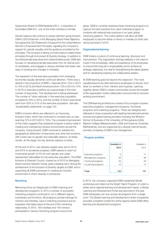 Supervisory Board of DSM Nederland B.V., a subsidiary of
Koninklijke DSM N.V., one of the three members is female.
Gender balance will continue to require attention going forward.
DSM's CEO/Chairman of the Managing Board Feike Sijbesma
has signed the CEO Statement of Support for the United Nations
Women's Empowerment Principles, signaling the company's
support for gender equality and the guidance provided by the
principles. The company is taking concrete steps to realize these
principles through its Inclusion & Diversity strategy. In addition to
recruiting female executives from external talent pools, DSM also
focuses on developing female executives from its internal pool
of candidates, and engages in various activities that foster new
ways of working and changes in mindsets.
The expansion of the executive population from emerging
economies equally demands continued attention. There was a
decline in the proportion of BRIC+ nationals (from 12% in 2014
to 10% in 2015) and North Americans (from 13% in 2014 to 10%
in 2015) in executive positions as a percentage of the total
number of executives. This development is being addressed.
The number of 'other nationals' in the executive population
increased to 29% in 2015, and the number of Dutch executives
went from 50% to 51% of the executive population. See also
'Sustainability statements' on page 122.
DSM's inclusion efforts are reflected in an improving
Inclusion Index, which has continued to increase year on year,
reaching 72% in 2015 (2014: 70%). The consistent improvement
of this index suggests that sustained progress is being made in
creating and maintaining inclusive environments across the
company. Going forward, DSM continues to address the
geographical distribution of executives and other key functions,
with a keen eye on gender and nationality balance, as these
remain, at this stage, the key diversity aspects to foster.
At the end of 2014, new diversity targets were set for 2015
and 2016 to accelerate progress. DSM aspires to reach an
incremental growth of 2% for both gender and under-
represented nationalities for the executive population. The DSM
Inclusion & Diversity Council, chaired as of 2015 by Managing
Board member Stephan Tanda, plays a leading role in driving the
achievement of the Inclusion & Diversity targets at DSM, and in
supporting all DSM businesses in creating an inclusive
environment in which diversity is embraced.
Mentoring
Mentoring forms an integral part of DSM’s learning and
development programs. In 2015 a number of successful
mentoring programs continued to run in different regions,
businesses and functions. All programs provide trainings for
mentors and mentees, have a matching procedure and an
evaluation that takes place at the end of the mentoring
relationship. In 2015, 183 mentees and 159 mentors
participated in various mentoring programs around the
globe. DSM is currently reviewing these mentoring programs to
capture the best practices from each individual program to
combine with external best practices in an open global
mentoring platform. This online platform will allow all DSM
employees to become either a mentor or mentee (or both) and
will be launched in 2016.
Organizational learning
DSM fosters a culture of continuous learning, discovery and
improvement. The organization strongly believes in the need to
invest in the knowledge, skills and experience of its employees
to ensure their long-term employability and to achieve its
strategic objectives. It is vital for strengthening the talent pipeline
and for developing inspiring and collaborative leaders.
At DSM learning goes far beyond the classroom. The most
valuable lessons are often learned by employees on the job, from
other co-workers or from mentors and coaches. Learning
together allows DSM to create communities across the breadth
of the organization, foster collaboration and promote an inclusive
working environment.
The DSM learning architecture consists of four program clusters:
executive programs, management programs, functional
programs and e-learning programs. These are designed and
delivered in close cooperation with leading international business
schools and global training providers including the Wharton
School of Business of the University of Pennsylvania (USA),
Babson College (Massachusetts, USA) and Erasmus University
(Netherlands), and are supported by a diverse internal faculty,
primarily consisting of DSM’s top management.
Program portfolio
Available in
2015
Available in
2014
Executive programs 8 11
Management programs 90 66
Functional programs 40 60
e-Learning programs 16 14
Total 154 151
In 2015, the company organized DSM Leadership Model
workshops and rolled out the Bright Talent Program. In order to
better serve regional learning and development needs, a Global
Learning and Development Portal was launched in the year.
DSM employees can now access all programs from a single
point. The Global Learning and Development center of expertise
provides consistent content for all the regions where DSM offers
learning and development programs.
Bright Science. Brighter Living. 2015 45 www.dsm.com
 