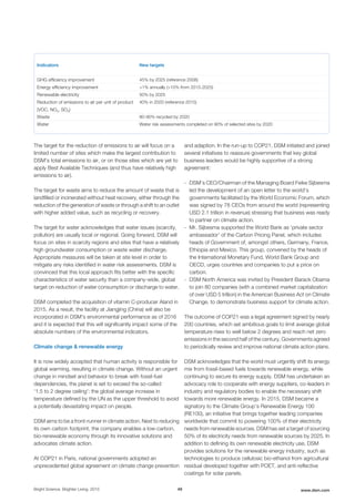 Indicators New targets
GHG efficiency improvement 45% by 2025 (reference 2008)
Energy efficiency improvement >1% annually (>10% from 2015-2025)
Renewable electricity 50% by 2025
Reduction of emissions to air per unit of product
(VOC, NOx, SO2)
40% in 2020 (reference 2015)
Waste 80-90% recycled by 2020
Water Water risk assessments completed on 90% of selected sites by 2020
The target for the reduction of emissions to air will focus on a
limited number of sites which make the largest contribution to
DSM’s total emissions to air, or on those sites which are yet to
apply Best Available Techniques (and thus have relatively high
emissions to air).
The target for waste aims to reduce the amount of waste that is
landfilled or incinerated without heat recovery, either through the
reduction of the generation of waste or through a shift to an outlet
with higher added value, such as recycling or recovery.
The target for water acknowledges that water issues (scarcity,
pollution) are usually local or regional. Going forward, DSM will
focus on sites in scarcity regions and sites that have a relatively
high groundwater consumption or waste water discharge.
Appropriate measures will be taken at site level in order to
mitigate any risks identified in water risk assessments. DSM is
convinced that this local approach fits better with the specific
characteristics of water security than a company-wide, global
target on reduction of water consumption or discharge to water.
DSM completed the acquisition of vitamin C-producer Aland in
2015. As a result, the facility at Jiangjing (China) will also be
incorporated in DSM's environmental performance as of 2016
and it is expected that this will significantly impact some of the
absolute numbers of the environmental indicators.
Climate change & renewable energy
It is now widely accepted that human activity is responsible for
global warming, resulting in climate change. Without an urgent
change in mindset and behavior to break with fossil-fuel
dependencies, the planet is set to exceed the so-called
‘1.5 to 2 degree ceiling’: the global average increase in
temperature defined by the UN as the upper threshold to avoid
a potentially devastating impact on people.
DSM aims to be a front-runner in climate action. Next to reducing
its own carbon footprint, the company enables a low-carbon,
bio-renewable economy through its innovative solutions and
advocates climate action.
At COP21 in Paris, national governments adopted an
unprecedented global agreement on climate change prevention
and adaption. In the run-up to COP21, DSM initiated and joined
several initiatives to reassure governments that key global
business leaders would be highly supportive of a strong
agreement:
- DSM’s CEO/Chairman of the Managing Board Feike Sijbesma
led the development of an open letter to the world's
governments facilitated by the World Economic Forum, which
was signed by 78 CEOs from around the world (representing
USD 2.1 trillion in revenue) stressing that business was ready
to partner on climate action.
- Mr. Sijbesma supported the World Bank as 'private sector
ambassador' of the Carbon Pricing Panel, which includes
heads of Government of, amongst others, Germany, France,
Ethiopia and Mexico. This group, convened by the heads of
the International Monetary Fund, World Bank Group and
OECD, urges countries and companies to put a price on
carbon.
- DSM North America was invited by President Barack Obama
to join 80 companies (with a combined market capitalization
of over USD 5 trillion) in the American Business Act on Climate
Change, to demonstrate business support for climate action.
The outcome of COP21 was a legal agreement signed by nearly
200 countries, which set ambitious goals to limit average global
temperature rises to well below 2 degrees and reach net zero
emissions in the second half of the century. Governments agreed
to periodically review and improve national climate action plans.
DSM acknowledges that the world must urgently shift its energy
mix from fossil-based fuels towards renewable energy, while
continuing to secure its energy supply. DSM has undertaken an
advocacy role to cooperate with energy suppliers, co-leaders in
industry and regulatory bodies to enable the necessary shift
towards more renewable energy. In 2015, DSM became a
signatory to the Climate Group’s Renewable Energy 100
(RE100), an initiative that brings together leading companies
worldwide that commit to powering 100% of their electricity
needs from renewable sources. DSM has set a target of sourcing
50% of its electricity needs from renewable sources by 2025. In
addition to defining its own renewable electricity use, DSM
provides solutions for the renewable energy industry, such as
technologies to produce cellulosic bio-ethanol from agricultural
residual developed together with POET, and anti-reflective
coatings for solar panels.
Bright Science. Brighter Living. 2015 49 www.dsm.com
 