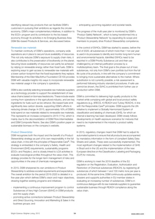 identifying relevant key products that can facilitate DSM's
customers in pursuing their ambitions as regards the circular
economy. DSM's major complementary initiatives, in addition to
the ECO+ program and its contribution to the bio-based
economy through its activities in its Emerging Business Area
DSM Bio-based Products & Services, are discussed below.
Renewable raw materials
To maintain continuity of DSM’s operations, company-wide
aspirations are in place to secure future availability of resources.
This not only reduces DSM’s exposure to supply chain risks, it
also contributes to the preservation of biodiversity on the planet.
Securing future availability of resources can partly be achieved
by relying on renewable energy rather than fossil fuels. DSM is
exploring ways to gain access to renewable raw materials with
a lower carbon footprint than the fossil equivalents they replace.
Membership of the Ellen MacArthur Foundation CE100 provides
DSM with valuable insights into ways to incorporate renewable
raw material usage in the company’s operations.
DSM is also carefully selecting renewable raw materials suppliers
as a technology provider to support the establishment of new
value chains based on biomass feedstocks. These include waste
coming from operations in the agricultural industry, and are key
ingredients for fuels such as bio-ethanol. Bio-based fuels emit
significantly less carbon dioxide, supporting DSM’s efforts in
reducing climate change. In 2015, approximately 16% of DSM’s
total spend on raw materials related to renewable raw materials.
This represents an increase compared to 2014 (11%), which is
mainly due to the deconsolidation of DSM Fibre Intermediates
and DSM Composite Resins. See also DSM's position paper on
sustainable biomass on the company's website.
Product Stewardship
DSM recognizes both the impact and the benefit of a Product
Stewardship strategy as part of its own responsibility in the full
value chain, in line with the principles of Responsible Care®. This
strategy is embedded in the company’s Safety, Health and
Environment (SHE) requirements, sustainability programs
(ECO+ and People+), and is closely linked to LCA activities to
evaluate toxicological profiles throughout the value chain. This
strategy provides for the longer-term management of risks and
opportunities in the area of chemicals management.
In 2015, DSM sharpened its own ambitions in Product
Stewardship to address societal requirements and expectations.
The overall ambition for the period 2016-2020 is detailed in a
five-year plan which defines DSM’s vision and major objectives,
drawing together existing programs and initiatives:
- implementing a continuous improvement program to control
Substances of Very High Concern (SVHC) in DSM products
and the supply chain;
- promoting active connections between Product Stewardship
and Direct Sourcing, Innovation and Marketing & Sales in the
business groups; and
- anticipating upcoming regulation and societal needs.
The progress of the multi-year plan is monitored by DSM's
‘Product Safety Network’, which is being transformed into a
‘Product Stewardship Network’ by expanding its scope and
members to properly drive Product Stewardship competence.
In the control of SVHCs, DSM has started to assess, before the
end of 2020, all substances of which more than 1 ton per year
is used in its processes to identify and monitor long-term human
and environmental hazards. Identified SVHCs need to be
reported in a DSM Priority Substance List and their use
challenged by an internal justification process by a
multidisciplinary team. The final goal is the phase-out of toxic
substances, not only from DSM’s own portfolio but from the full
life cycle of its products, in line with the company's commitment
to bringing more sustainable alternatives to the market. Where
substitution is not currently possible, a risk assessment is
performed following industry standard procedures. If safe use
cannot be shown, the SVHC is prohibited from further use or
production within DSM.
DSM is committed to delivering high-quality products to the
market while complying with global and local product safety
regulations (e.g. ARECS, K-REACH and Turkey REACH), in line
with the Responsible Care® principles. DSM supports the UN
initiative to implement a Globally Harmonized System of
classification and labeling of chemicals (GHS), for which an
internal e-learning has been developed. DSM closely follows
developments on health exposure scenarios for mixtures that
need to be implemented in the industry’s product safety
systems.
In 2015, regulatory changes meant that DSM had to adjust its
automated systems to ensure that all products are accompanied
by mandatory information in the form of compliant Safety Data
Sheets and Labels. These were successfully implemented. The
most significant changes related to the implementation of GHS
in Brazil and in the US and the implementation of the new
European directive on the Classification, Labeling and Packaging
(CLP) for mixtures.
DSM is working to meet the 2018 deadline of the EU
regulation on the Registration, Evaluation, Authorization and
Restriction of Chemical substances (REACH), by registering all
substances of which between 1 and 100 metric tons per year is
produced. At the same time, DSM continuously updates existing
dossiers and supports authorities in EU member states in
evaluating an increasing number of substances. DSM is in
continuous dialogue with its raw materials suppliers to guarantee
sustainable business through REACH compliance along the
value chain.
Bright Science. Brighter Living. 2015 54 www.dsm.com
 