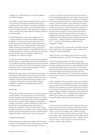 mandatory for all DSM employees, as well as for selected
contractor employees.
Profit: DSM uses the e-learning trainings Global Competition
Law Principles and Practices and Global Trade Controls.
Compliance with these subjects is structurally embedded in
DSM’s systems and processes. As part of the global trade
controls compliance process, DSM master data is screened to
check customers and suppliers against embargoes and lists of
sanctioned parties.
The DSM Anti-Bribery and Corruption (ABC) Policy and
Compliance Manual has been communicated to targeted
employees in commercial and business roles since 2014.
Supporting classroom training and an ABC e-learning was
further rolled out in 2015. Special attention has been given to
DSM’s employees and businesses in China, including the
provision of a Chinese translation of the DSM ABC Policy and
Compliance Manual, an easy-to-use ABC checklist for business
people, and ABC classroom trainings in addition to the
Competition Law classroom program.
The Security e-learning covers all key security topics relevant to
DSM’s business, including DSM’s seven Key Security Behaviors.
To complete the e-learning, participants are required to read and
sign-off on the DSM Code of Conduct for Information Security.
A classroom version of the training is available for locations
without access to e-learning facilities.
DSM also has rules in place on the holding of and execution of
transactions in DSM financial instruments and certain other
financial instruments related to trading in DSM shares, and if
applicable, shares and related financial instruments in other
companies, which apply to all relevant DSM employees,
including the members of the Managing Board and the
Supervisory Board.
Value chain
The business principles most relevant for the supply chain are
brought together in the Supplier Code of Conduct and also
structured along the three sustainability dimensions of People,
Planet, and Profit. The Supplier Code of Conduct (available on
the Company’s website in eight languages) is signed-off by
suppliers in framework contracts, whereby they confirm their
commitment to sustainability amongst other things. For
distributors' and agents' contracts, the ABC Policy is being
translated into terms and conditions to ensure ethical business
conduct when these third parties are acting on behalf of DSM or
dealing with DSM’s products further down the value chain.
Training and awareness
DSM employees must refresh their training on the Code every
two years. The implementation of this training program continues
to progress well. The Code training was rolled-out within a
number of acquisitions (e.g. Latin America) for the first time in
2015, meaning that all regions are now covered. At year-end well
over 90% of all DSM employees had completed (or refreshed)
their training, excluding employees of some businesses acquired
recently. The training program is also offered by the business
units to selected contractor employees as well as to employees
in DSM's joint ventures. A Code Review Team, chaired by the
Vice President Risk Management, monitors implementation of
the values training program as well as internal and external
developments concerning corporate ethics to promote and
safeguard the Company’s values and reputation. In 2015, the
Code Review Team initiated a project to apply global monitoring
and reporting − already in place for the Code training since
2014 − to all of the values trainings in DSM’s learning
management system.
People: At the end of 2015, well over 90% of all DSM employees
had completed the Life Saving Rules training, underlining the
importance of safety within DSM.
Planet: The Basic Course Responsible Care® has now been
successfully followed by over 90% of the employee population.
Profit: Further implementation of the ABC program also
progressed well in 2015. Employees within the ABC target group
have been identified and invited to complete the ABC e-learning;
over 90% had already done so by year-end. The training for
Global Trade Controls and Security has been in place for longer
and implementation levels remain good at 90% and 93%
respectively. Additional training on Trade Controls Compliance
has been given to zoom-in on various business specific aspects
of this topic.
Those employees for whom competition laws are most relevant
must complete an annual statement to confirm their compliance
with the rules set forth in the DSM Competition Law Compliance
Manual. In this statement they confirm that they are not aware
of any violation of competition laws by DSM. Sign-off levels are
excellent. Alleged breaches are reported to and discussed with
Group Legal Affairs. In 2015, no breaches were reported and
DSM was not subject to any investigation by competition
authorities related to potential anti-competitive behavior.
Dilemmas
Living the Code can sometimes result in dilemmas that do not
have a quick or clear answer. Dilemma workshops are held to
prepare for these cases using the UN Global Compact Dilemma
Game as a tool. The workshops build on DSM’s company
culture, which is based on openness, fairness and trust. The aim
is to create an open-minded atmosphere in which dilemmas can
be discussed. These discussions are used to calibrate 'what is
right' and 'what is wrong' in order to continuously improve
business integrity in daily operations.
Bright Science. Brighter Living. 2015 61 www.dsm.com
 