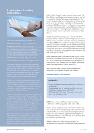 In 2015, Black Dyneema® was introduced to the market. The
Fiber Solutions portfolio was further boosted during the year with
the acquisition of Cubic Tech, a company specialized in the
custom design, development and production of innovative high-
performance ultra-lightweight flexible fabrics. This acquisition
accelerates DSM Dyneema’s entry into the performance apparel
market and is also expected to enable additional developments
and revenue streams in existing markets. In 2015, there were
also initial sales in the new markets for radomes and synthetic
chains.
The Life Protection business provides personal and vehicle
protection solutions to the law-enforcement, peace-keeping and
defense sectors. One of the key drivers in personal protection is
wearability. DSM’s Force Multiplier Technology offers the lightest
and most flexible solution on the market, without compromising
protection for the user. This technology platform delivered strong
sales growth during 2015. The company furthermore expanded
its portfolio in the year by bringing the innovative Dyneema® Anti
Stab technology to market.
DSM Dyneema increased its cooperation with key value chain
partners in sustainability-related programs, an example being
the Circular Ropes project, addressing end-of-life solutions for
mooring ropes. DSM Dyneema was also granted membership
of the Sustainable Apparel Coalition during 2015.
During the year, brand licensing partnerships expanded
significantly in both existing as well as new markets.
DSM Resins & Functional Materials
Highlights 2015
- Growth in China in sustainable coatings, both waterborne
and powder
- Capacity expansion for waterborne urethane resins at
Wilmington (Massachusetts, USA) facility
- DSM and Dutch DIY-retailer Praxis launch high-quality
paint with plant-based resins
DSM Resins & Functional Materials reported sales of
€ 866 million in 2015 compared to € 872 million in 2014.
The key trend in coatings markets worldwide is the shift away
from traditional solvent-based coatings that contain hazardous
materials to the use of more sustainable coating technologies.
Besides end-user preference, legislation on the reduction of
substances such as VOC will continue to be an important driver
for this substitution world-wide.
DSM is a global leader in the coatings industry in the
development and production of waterborne coating resins and
Bright Science. Brighter Living. 2015 78 www.dsm.com
A helping hand for safety
and business
Protective Industrial Products Inc. is
a leading supplier of Hand Protection
and Personal Protective Equipment in
North America, and aims to provide the
highest value safety products available
to workers in the Industrial, Construction
and Electrical industry. Amy Taft is the
Hand Protection Product Manager at PIP.
“PIP is the first licensing partner to offer cut-resistant
products with Dyneema®
Diamond Technology in the
North American market. Using the Dyneema®
Diamond
Technology fiber in our 3GX line gives us the ability to
offer superior cut-resistant products that also provide
excellent fit, feel and function, without adding bulk,
which is a major plus over competitive materials.
Statistics from the US Occupational Safety and Health
Administration on hand injuries in the workplace show
that 70% of injured workers report not wearing gloves at
the time of the incident. Injuries to the other 30% often
involve gloves that are inadequate, damaged, or the
wrong type for the hazard present.
It is essential that all personal protection products provide
the wearer with all day comfort. This is especially true for
hand protection products that are typically used in a wide
variety of environmental conditions. If the product fits well
and is comfortable, the user will continue to wear it.
By offering products made with Dyneema®
Diamond
Technology, we provide our customers with hand
protection that is 40% lighter than traditional aramid
products with greatly improved cut performance.
We wish to be the number 1 supplier of hand protection
to the industrial market in North America. We now offer
the widest selection of cut-resistant products made with
Dyneema®
materials in the market and we will continue to
enhance our cut-resistant product line with new offerings
made with Dyneema®
and Dyneema®
Diamond Technology.”
 
