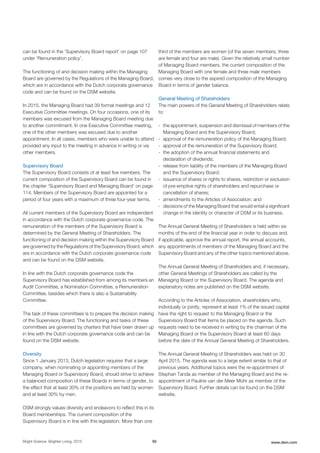 can be found in the 'Supervisory Board report' on page 107
under 'Remuneration policy'.
The functioning of and decision making within the Managing
Board are governed by the Regulations of the Managing Board,
which are in accordance with the Dutch corporate governance
code and can be found on the DSM website.
In 2015, the Managing Board had 39 formal meetings and 12
Executive Committee meetings. On four occasions, one of its
members was excused from the Managing Board meeting due
to another commitment. In one Executive Committee meeting,
one of the other members was excused due to another
appointment. In all cases, members who were unable to attend
provided any input to the meeting in advance in writing or via
other members.
Supervisory Board
The Supervisory Board consists of at least five members. The
current composition of the Supervisory Board can be found in
the chapter 'Supervisory Board and Managing Board' on page
114. Members of the Supervisory Board are appointed for a
period of four years with a maximum of three four-year terms.
All current members of the Supervisory Board are independent
in accordance with the Dutch corporate governance code. The
remuneration of the members of the Supervisory Board is
determined by the General Meeting of Shareholders. The
functioning of and decision making within the Supervisory Board
are governed by the Regulations of the Supervisory Board, which
are in accordance with the Dutch corporate governance code
and can be found on the DSM website.
In line with the Dutch corporate governance code the
Supervisory Board has established from among its members an
Audit Committee, a Nomination Committee, a Remuneration
Committee, besides which there is also a Sustainability
Committee.
The task of these committees is to prepare the decision making
of the Supervisory Board. The functioning and tasks of these
committees are governed by charters that have been drawn up
in line with the Dutch corporate governance code and can be
found on the DSM website.
Diversity
Since 1 January 2013, Dutch legislation requires that a large
company, when nominating or appointing members of the
Managing Board or Supervisory Board, should strive to achieve
a balanced composition of these Boards in terms of gender, to
the effect that at least 30% of the positions are held by women
and at least 30% by men.
DSM strongly values diversity and endeavors to reflect this in its
Board memberships. The current composition of the
Supervisory Board is in line with this legislation. More than one
third of the members are women (of the seven members, three
are female and four are male). Given the relatively small number
of Managing Board members, the current composition of the
Managing Board with one female and three male members
comes very close to the aspired composition of the Managing
Board in terms of gender balance.
General Meeting of Shareholders
The main powers of the General Meeting of Shareholders relate
to:
- the appointment, suspension and dismissal of members of the
Managing Board and the Supervisory Board;
- approval of the remuneration policy of the Managing Board;
- approval of the remuneration of the Supervisory Board;
- the adoption of the annual financial statements and
declaration of dividends;
- release from liability of the members of the Managing Board
and the Supervisory Board;
- issuance of shares or rights to shares, restriction or exclusion
of pre-emptive rights of shareholders and repurchase or
cancellation of shares;
- amendments to the Articles of Association; and
- decisions of the Managing Board that would entail a significant
change in the identity or character of DSM or its business.
The Annual General Meeting of Shareholders is held within six
months of the end of the financial year in order to discuss and,
if applicable, approve the annual report, the annual accounts,
any appointments of members of the Managing Board and the
Supervisory Board and any of the other topics mentioned above.
The Annual General Meeting of Shareholders and, if necessary,
other General Meetings of Shareholders are called by the
Managing Board or the Supervisory Board. The agenda and
explanatory notes are published on the DSM website.
According to the Articles of Association, shareholders who,
individually or jointly, represent at least 1% of the issued capital
have the right to request to the Managing Board or the
Supervisory Board that items be placed on the agenda. Such
requests need to be received in writing by the chairman of the
Managing Board or the Supervisory Board at least 60 days
before the date of the Annual General Meeting of Shareholders.
The Annual General Meeting of Shareholders was held on 30
April 2015. The agenda was to a large extent similar to that of
previous years. Additional topics were the re-appointment of
Stephan Tanda as member of the Managing Board and the re-
appointment of Pauline van der Meer Mohr as member of the
Supervisory Board. Further details can be found on the DSM
website.
Bright Science. Brighter Living. 2015 92 www.dsm.com
 