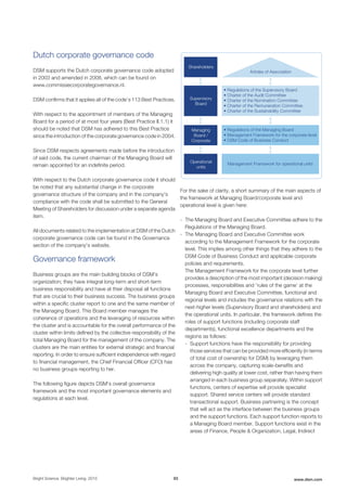 Dutch corporate governance code
DSM supports the Dutch corporate governance code adopted
in 2003 and amended in 2008, which can be found on
www.commissiecorporategovernance.nl.
DSM confirms that it applies all of the code’s 113 Best Practices.
With respect to the appointment of members of the Managing
Board for a period of at most four years (Best Practice II.1.1) it
should be noted that DSM has adhered to this Best Practice
since the introduction of the corporate governance code in 2004.
Since DSM respects agreements made before the introduction
of said code, the current chairman of the Managing Board will
remain appointed for an indefinite period.
With respect to the Dutch corporate governance code it should
be noted that any substantial change in the corporate
governance structure of the company and in the company's
compliance with the code shall be submitted to the General
Meeting of Shareholders for discussion under a separate agenda
item.
All documents related to the implementation at DSM of the Dutch
corporate governance code can be found in the Governance
section of the company's website.
Governance framework
Business groups are the main building blocks of DSM’s
organization; they have integral long-term and short-term
business responsibility and have at their disposal all functions
that are crucial to their business success. The business groups
within a specific cluster report to one and the same member of
the Managing Board. This Board member manages the
coherence of operations and the leveraging of resources within
the cluster and is accountable for the overall performance of the
cluster within limits defined by the collective responsibility of the
total Managing Board for the management of the company. The
clusters are the main entities for external strategic and financial
reporting. In order to ensure sufficient independence with regard
to financial management, the Chief Financial Officer (CFO) has
no business groups reporting to her.
The following figure depicts DSM's overall governance
framework and the most important governance elements and
regulations at each level.
Supervisory
Board
Articles of Association
• Regulations of the Supervisory Board
• Charter of the Audit Committee
• Charter of the Nomination Committee
• Charter of the Remuneration Committee
• Charter of the Sustainability Committee
• Regulations of the Managing Board
• Management Framework for the corporate level
• DSM Code of Business Conduct
Management Framework for operational unitsOperational
units
Managing
Board /
Corporate
Shareholders
For the sake of clarity, a short summary of the main aspects of
the framework at Managing Board/corporate level and
operational level is given here:
- The Managing Board and Executive Committee adhere to the
Regulations of the Managing Board.
- The Managing Board and Executive Committee work
according to the Management Framework for the corporate
level. This implies among other things that they adhere to the
DSM Code of Business Conduct and applicable corporate
policies and requirements.
The Management Framework for the corporate level further
provides a description of the most important (decision making)
processes, responsibilities and 'rules of the game' at the
Managing Board and Executive Committee, functional and
regional levels and includes the governance relations with the
next-higher levels (Supervisory Board and shareholders) and
the operational units. In particular, the framework defines the
roles of support functions (including corporate staff
departments), functional excellence departments and the
regions as follows:
- Support functions have the responsibility for providing
those services that can be provided more efficiently (in terms
of total cost of ownership for DSM) by leveraging them
across the company, capturing scale-benefits and
delivering high quality at lower cost, rather than having them
arranged in each business group separately. Within support
functions, centers of expertise will provide specialist
support. Shared service centers will provide standard
transactional support. Business partnering is the concept
that will act as the interface between the business groups
and the support functions. Each support function reports to
a Managing Board member. Support functions exist in the
areas of Finance, People & Organization, Legal, Indirect
Bright Science. Brighter Living. 2015 93 www.dsm.com
 