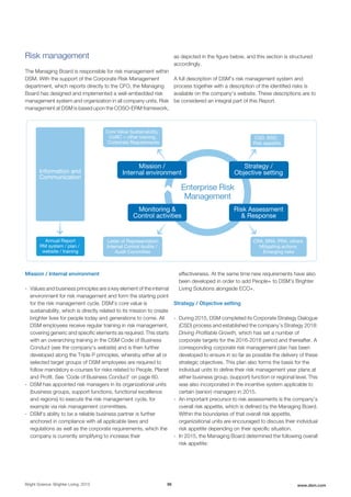 Risk management
The Managing Board is responsible for risk management within
DSM. With the support of the Corporate Risk Management
department, which reports directly to the CFO, the Managing
Board has designed and implemented a well-embedded risk
management system and organization in all company units. Risk
management at DSM is based upon the COSO-ERM framework,
as depicted in the figure below, and this section is structured
accordingly.
A full description of DSM’s risk management system and
process together with a description of the identified risks is
available on the company’s website. These descriptions are to
be considered an integral part of this Report.
Enterprise Risk
Management
Information and
Communication
CSD, BSD,
Risk appetite
Letter of Representation
Internal Control Audits /
Audit Committee
CRA, BRA, PRA, others
Mitigating actions
Emerging risks
Core Value Sustainability,
CoBC + other training,
Corporate Requirements
Annual Report
RM system / plan /
website / training
Monitoring &
Control activities
Mission /
Internal environment
Risk Assessment
& Response
Strategy /
Objective setting
Mission / Internal environment
- Values and business principles are a key element of the internal
environment for risk management and form the starting point
for the risk management cycle. DSM’s core value is
sustainability, which is directly related to its mission to create
brighter lives for people today and generations to come. All
DSM employees receive regular training in risk management,
covering generic and specific elements as required. This starts
with an overarching training in the DSM Code of Business
Conduct (see the company's website) and is then further
developed along the Triple P principles, whereby either all or
selected target groups of DSM employees are required to
follow mandatory e-courses for risks related to People, Planet
and Profit. See 'Code of Business Conduct' on page 60.
- DSM has appointed risk managers in its organizational units
(business groups, support functions, functional excellence
and regions) to execute the risk management cycle, for
example via risk management committees.
- DSM's ability to be a reliable business partner is further
anchored in compliance with all applicable laws and
regulations as well as the corporate requirements, which the
company is currently simplifying to increase their
effectiveness. At the same time new requirements have also
been developed in order to add People+ to DSM’s Brighter
Living Solutions alongside ECO+.
Strategy / Objective setting
- During 2015, DSM completed its Corporate Strategy Dialogue
(CSD) process and established the company’s Strategy 2018:
Driving Profitable Growth, which has set a number of
corporate targets for the 2016-2018 period and thereafter. A
corresponding corporate risk management plan has been
developed to ensure in so far as possible the delivery of these
strategic objectives. This plan also forms the basis for the
individual units to define their risk management year plans at
either business group, (support) function or regional level. This
was also incorporated in the incentive system applicable to
certain (senior) managers in 2015.
- An important precursor to risk assessments is the company’s
overall risk appetite, which is defined by the Managing Board.
Within the boundaries of that overall risk appetite,
organizational units are encouraged to discuss their individual
risk appetite depending on their specific situation.
- In 2015, the Managing Board determined the following overall
risk appetite:
Bright Science. Brighter Living. 2015 96 www.dsm.com
 