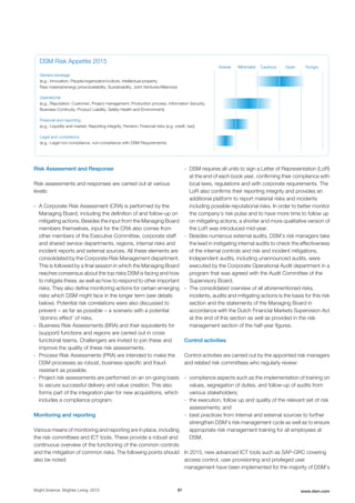 DSM Risk Appetite 2015
Averse Minimalist Cautious Open Hungry
Generic/strategic
(e.g.: Innovation, People/organization/culture, Intellectual property,
Raw material/energy price/availability, Sustainability, Joint Ventures/Alliances)
Operational
(e.g.: Reputation, Customer, Project management, Production process, Information Security,
Business Continuity, Product Liability, Safety Health and Environment)
Financial and reporting
(e.g.: Liquidity and market, Reporting integrity, Pension, Financial risks (e.g. credit, tax))
Legal and compliance
(e.g.: Legal non-compliance, non-compliance with DSM Requirements)
Risk Assessment and Response
Risk assessments and responses are carried out at various
levels:
- A Corporate Risk Assessment (CRA) is performed by the
Managing Board, including the definition of and follow-up on
mitigating actions. Besides the input from the Managing Board
members themselves, input for the CRA also comes from
other members of the Executive Committee, corporate staff
and shared service departments, regions, internal risks and
incident reports and external sources. All these elements are
consolidated by the Corporate Risk Management department.
This is followed by a final session in which the Managing Board
reaches consensus about the top risks DSM is facing and how
to mitigate these, as well as how to respond to other important
risks. They also define monitoring actions for certain emerging
risks which DSM might face in the longer term (see details
below). Potential risk correlations were also discussed to
prevent − as far as possible − a scenario with a potential
‘domino effect’ of risks.
- Business Risk Assessments (BRA) and their equivalents for
(support) functions and regions are carried out in cross
functional teams. Challengers are invited to join these and
improve the quality of these risk assessments.
- Process Risk Assessments (PRA) are intended to make the
DSM processes as robust, business-specific and fraud-
resistant as possible.
- Project risk assessments are performed on an on-going basis
to secure successful delivery and value creation. This also
forms part of the integration plan for new acquisitions, which
includes a compliance program.
Monitoring and reporting
Various means of monitoring and reporting are in place, including
the risk committees and ICT tools. These provide a robust and
continuous overview of the functioning of the common controls
and the mitigation of common risks. The following points should
also be noted:
- DSM requires all units to sign a Letter of Representation (LoR)
at the end of each book year, confirming their compliance with
local laws, regulations and with corporate requirements. The
LoR also confirms their reporting integrity and provides an
additional platform to report material risks and incidents
including possible reputational risks. In order to better monitor
the company’s risk pulse and to have more time to follow up
on mitigating actions, a shorter and more qualitative version of
the LoR was introduced mid-year.
- Besides numerous external audits, DSM’s risk managers take
the lead in instigating internal audits to check the effectiveness
of the internal controls and risk and incident mitigations.
Independent audits, including unannounced audits, were
executed by the Corporate Operational Audit department in a
program that was agreed with the Audit Committee of the
Supervisory Board.
- The consolidated overview of all aforementioned risks,
incidents, audits and mitigating actions is the basis for this risk
section and the statements of the Managing Board in
accordance with the Dutch Financial Markets Supervision Act
at the end of this section as well as provided in the risk
management section of the half-year figures.
Control activities
Control activities are carried out by the appointed risk managers
and related risk committees who regularly review:
- compliance aspects such as the implementation of training on
values, segregation of duties, and follow-up of audits from
various stakeholders;
- the execution, follow up and quality of the relevant set of risk
assessments; and
- best practices from internal and external sources to further
strengthen DSM’s risk management cycle as well as to ensure
appropriate risk management training for all employees at
DSM.
In 2015, new advanced ICT tools such as SAP-GRC covering
access control, user provisioning and privileged user
management have been implemented for the majority of DSM’s
Bright Science. Brighter Living. 2015 97 www.dsm.com
 